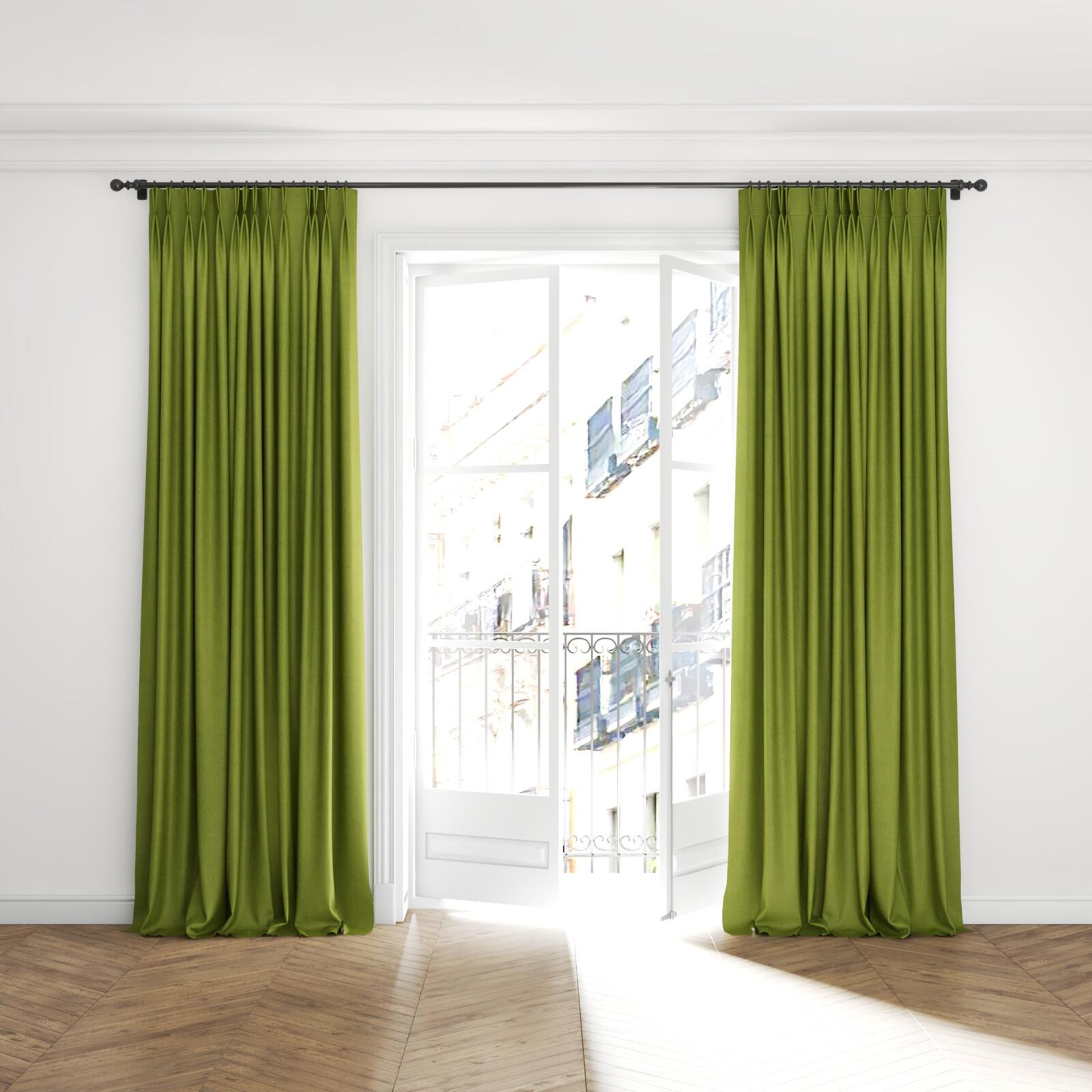 Full view of Rover Pesto, puddled with pinch pleat, on curtain rod