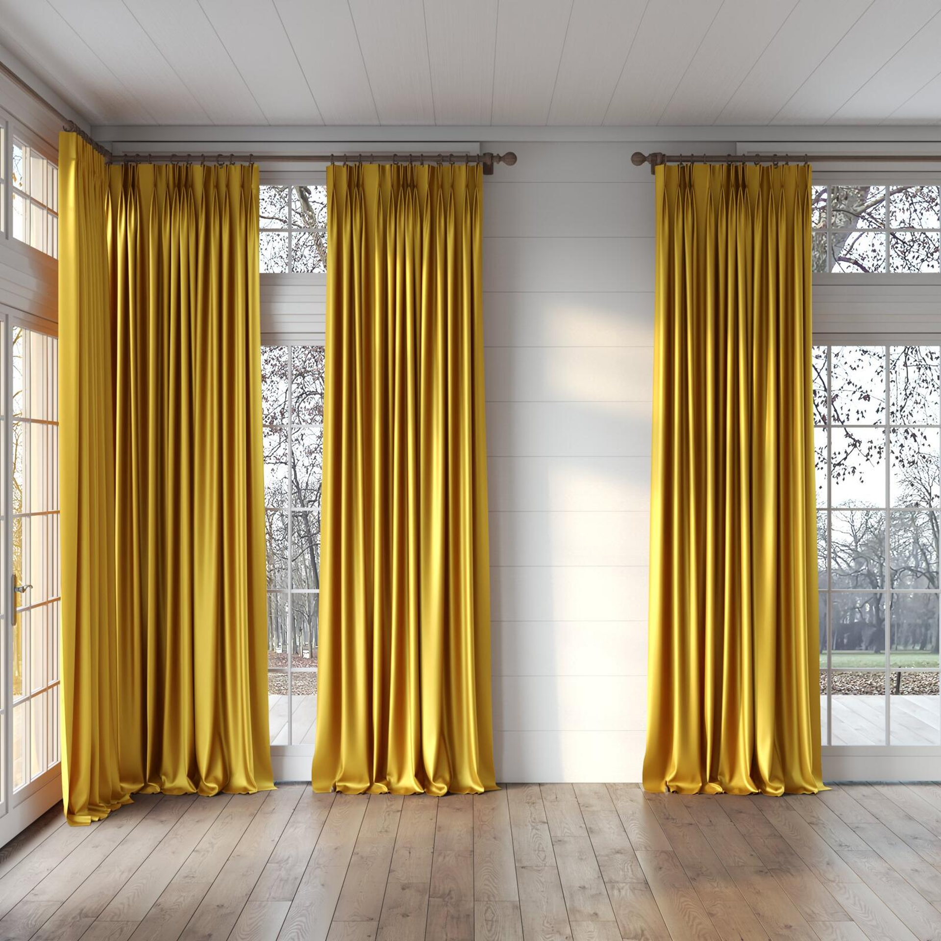 Full view of Moonbeam Mimosa, puddled, on curtain rod