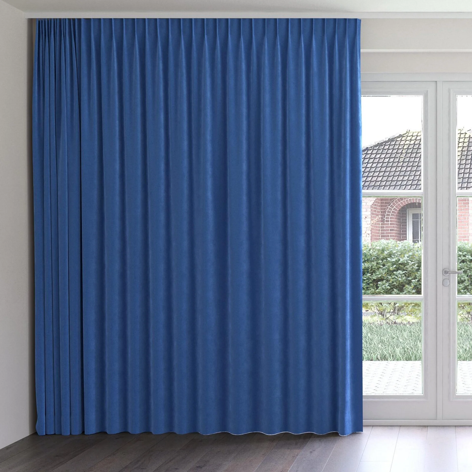 Front view of Lux Velvet Blue 8807, on curtain rail