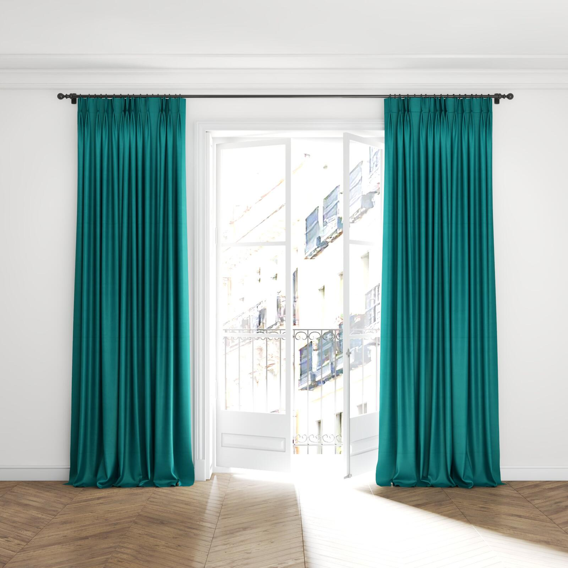 Full view of Warlock Jade, puddled with pinch pleat, on curtain rod