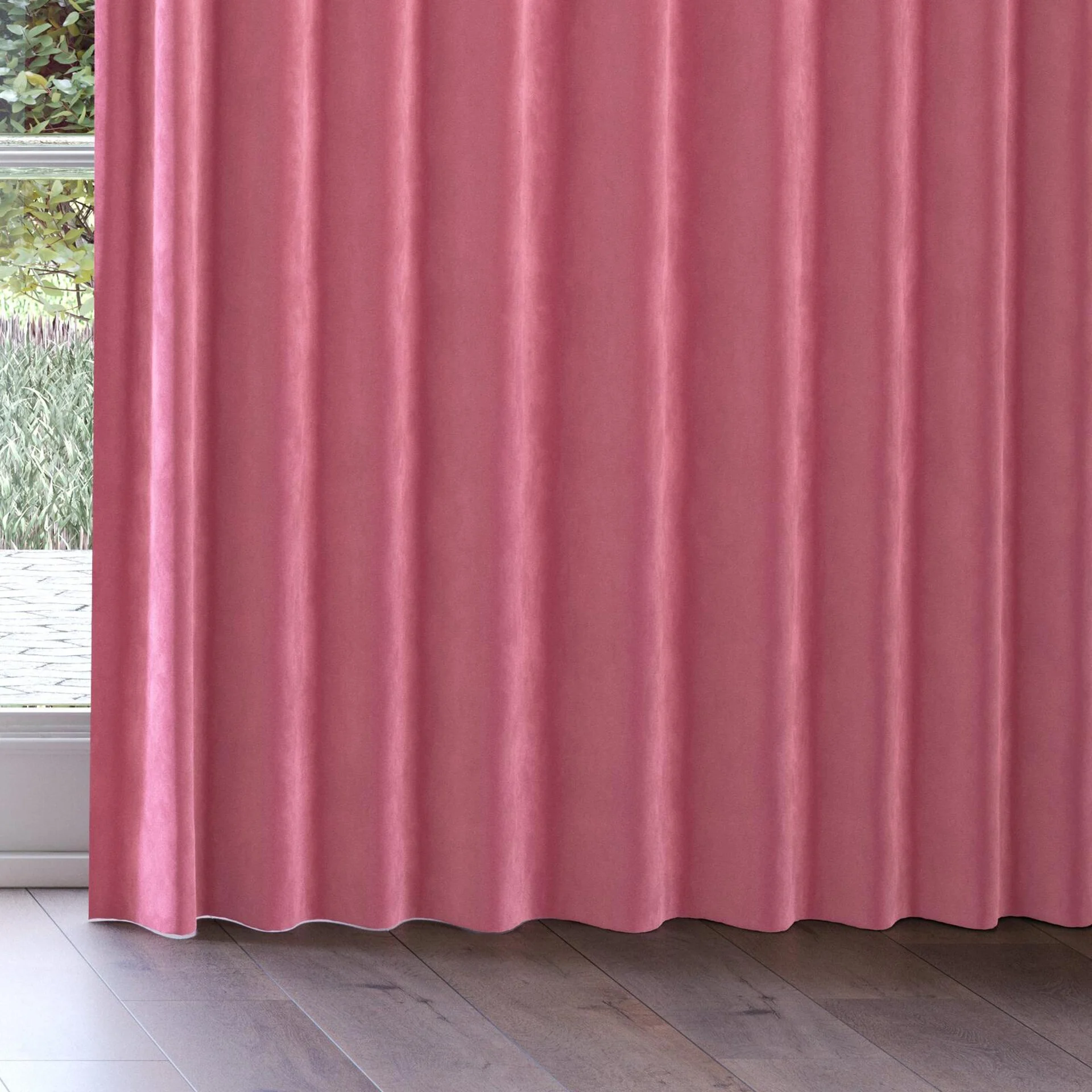 Bottom view of Lux Velvet Carmine 8501, on curtain rail