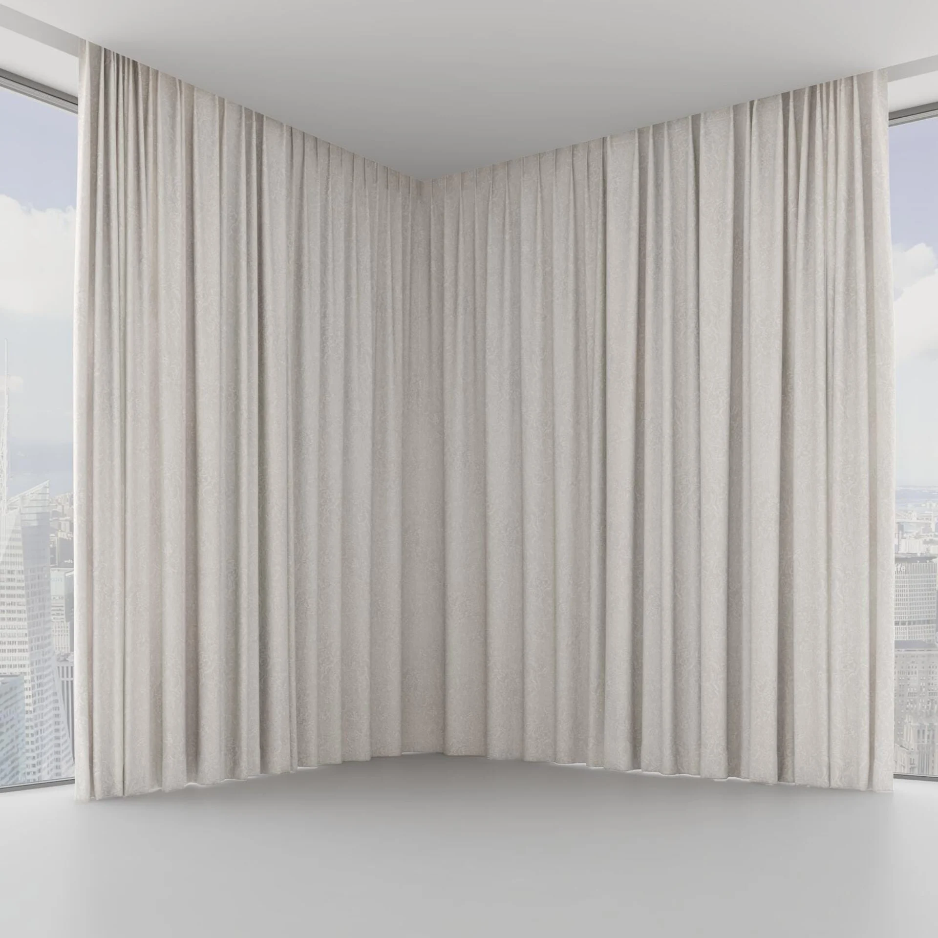 Front view of Azulejo Linen, on hidden rail