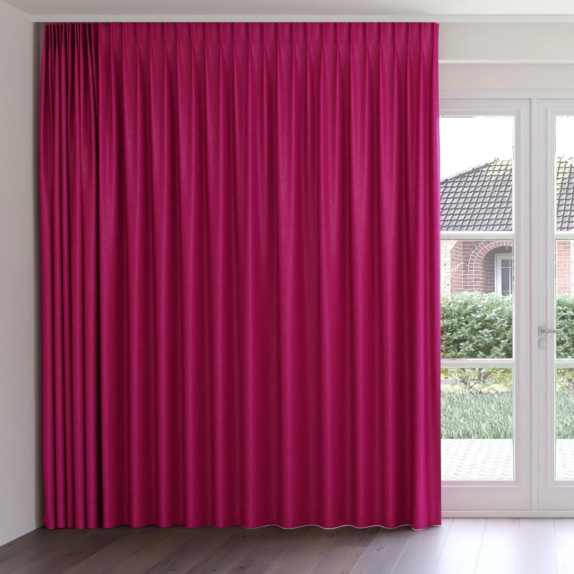 Front view of Drama Fuchsia, on curtain rail