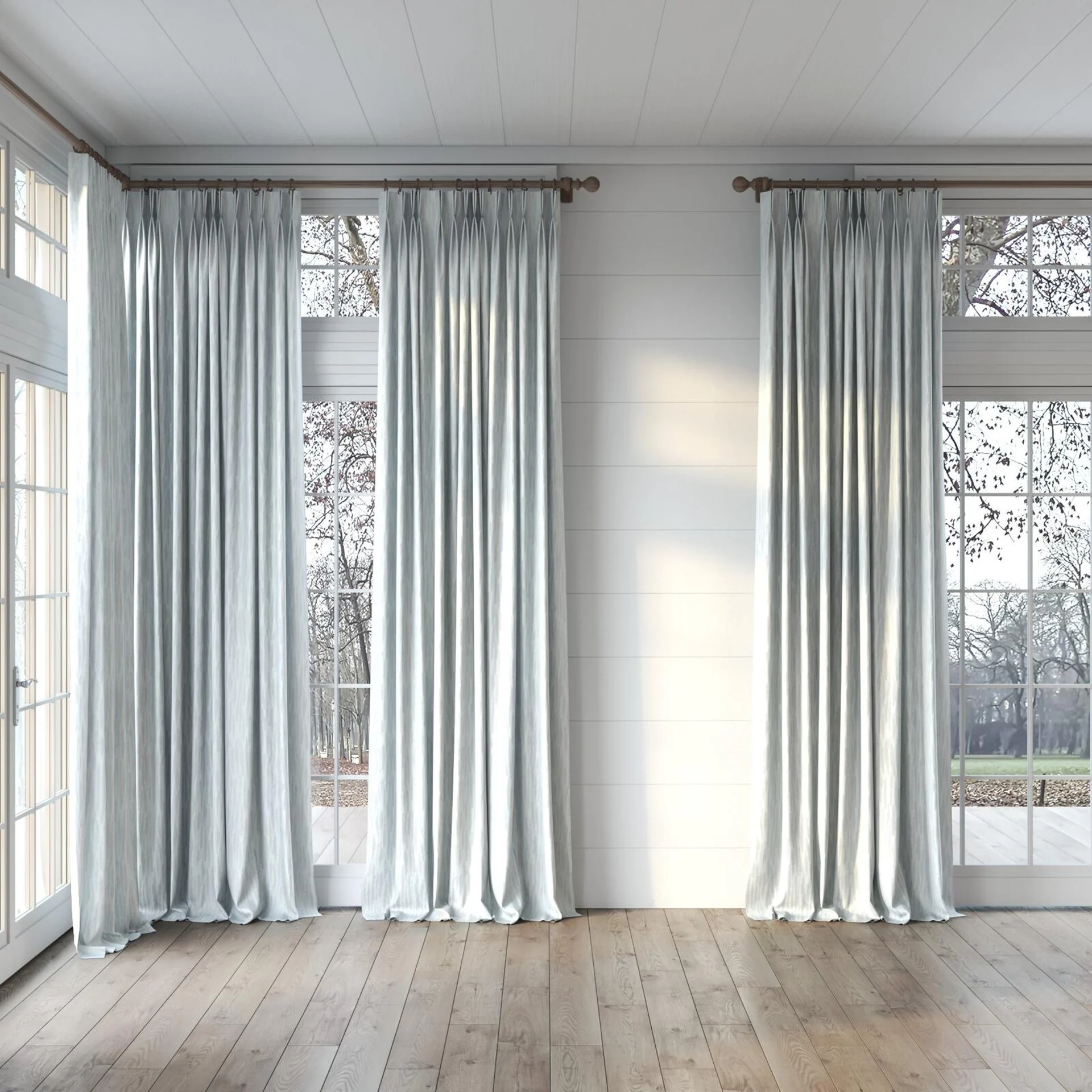 Full view of Aphelion Sterling, puddled, on curtain rod