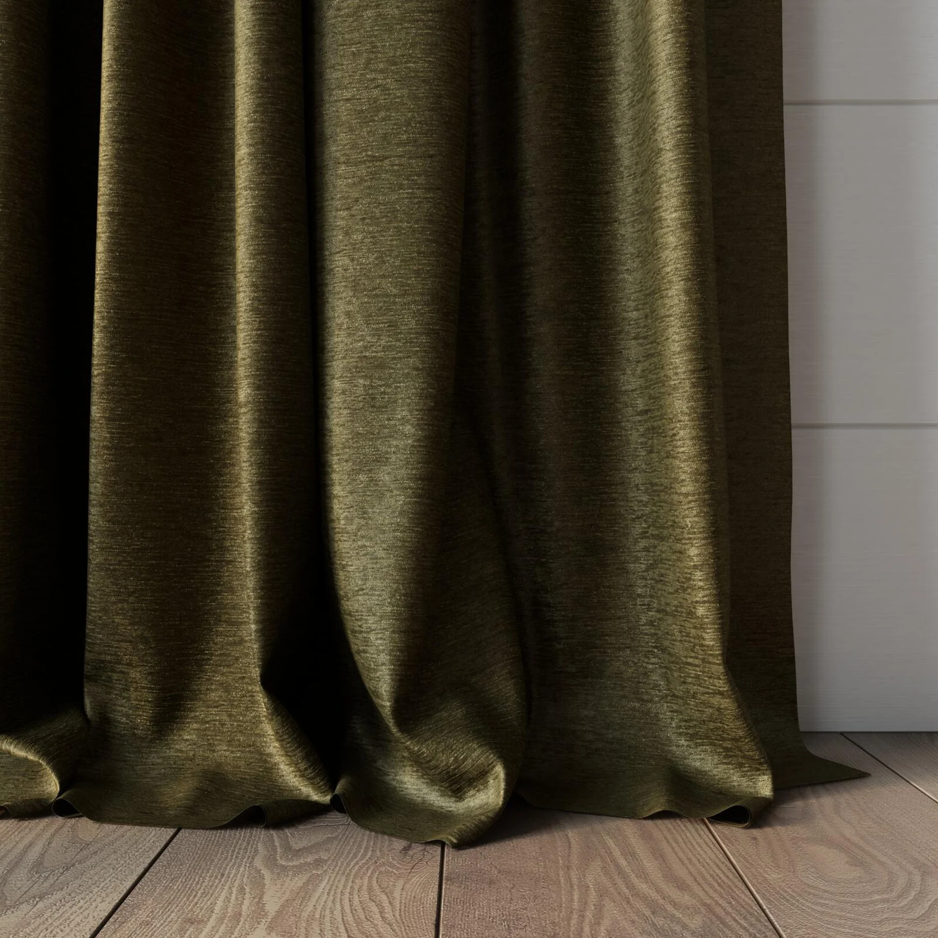 Bottom view of Lambada Khaki, puddled, on curtain rod