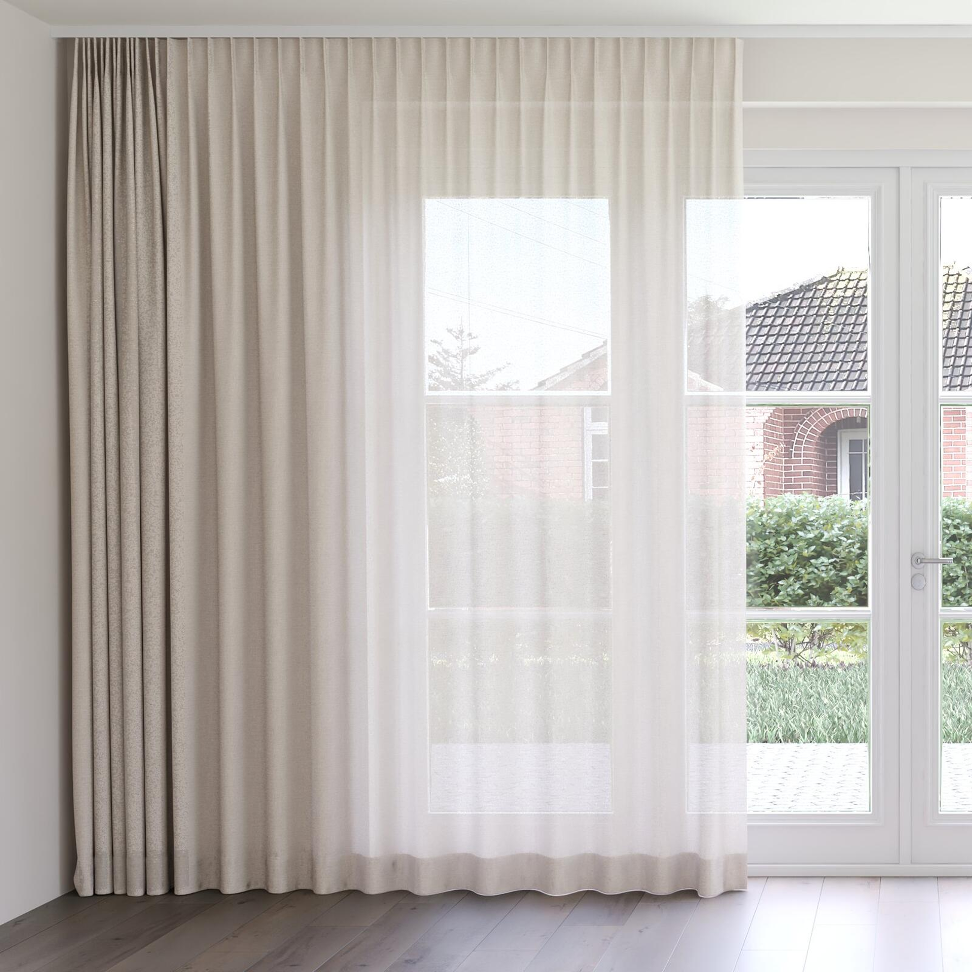 Front view of Revel Flax, on curtain rail