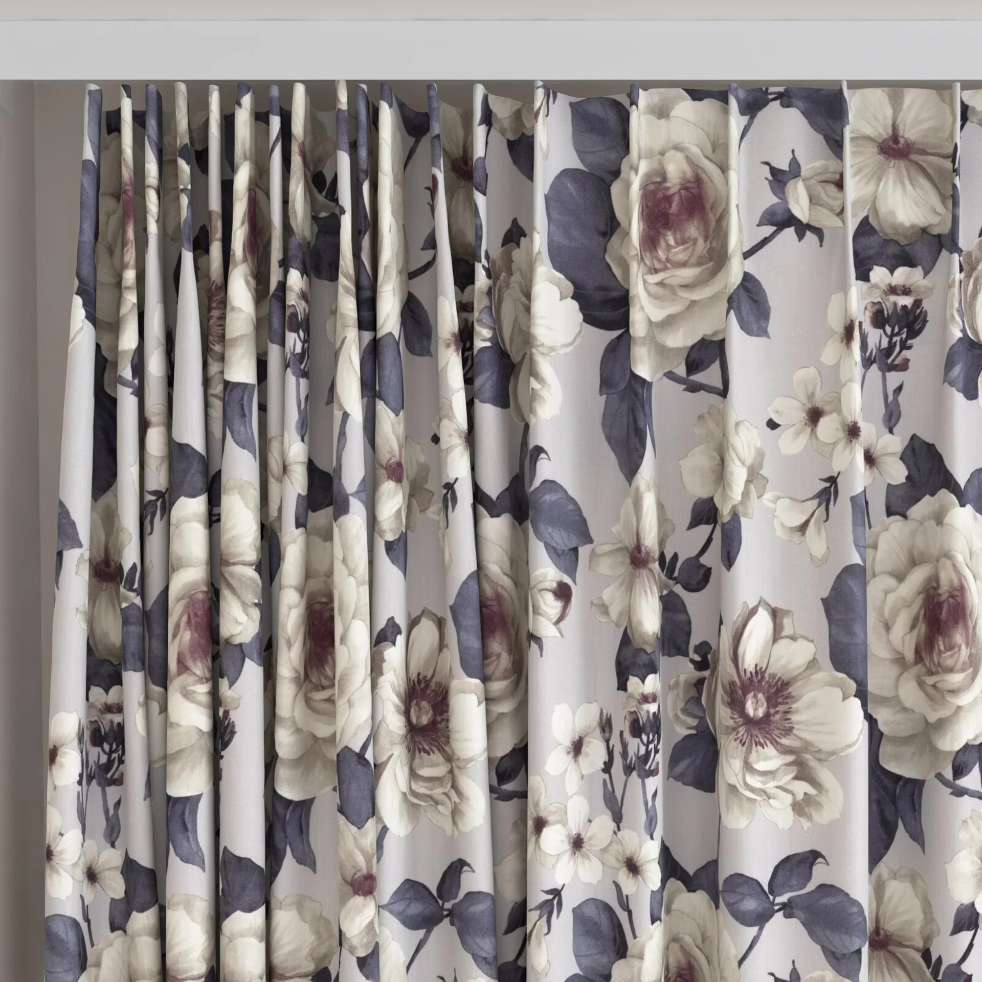 Top view of Miriam French Earl Grey, on curtain rail