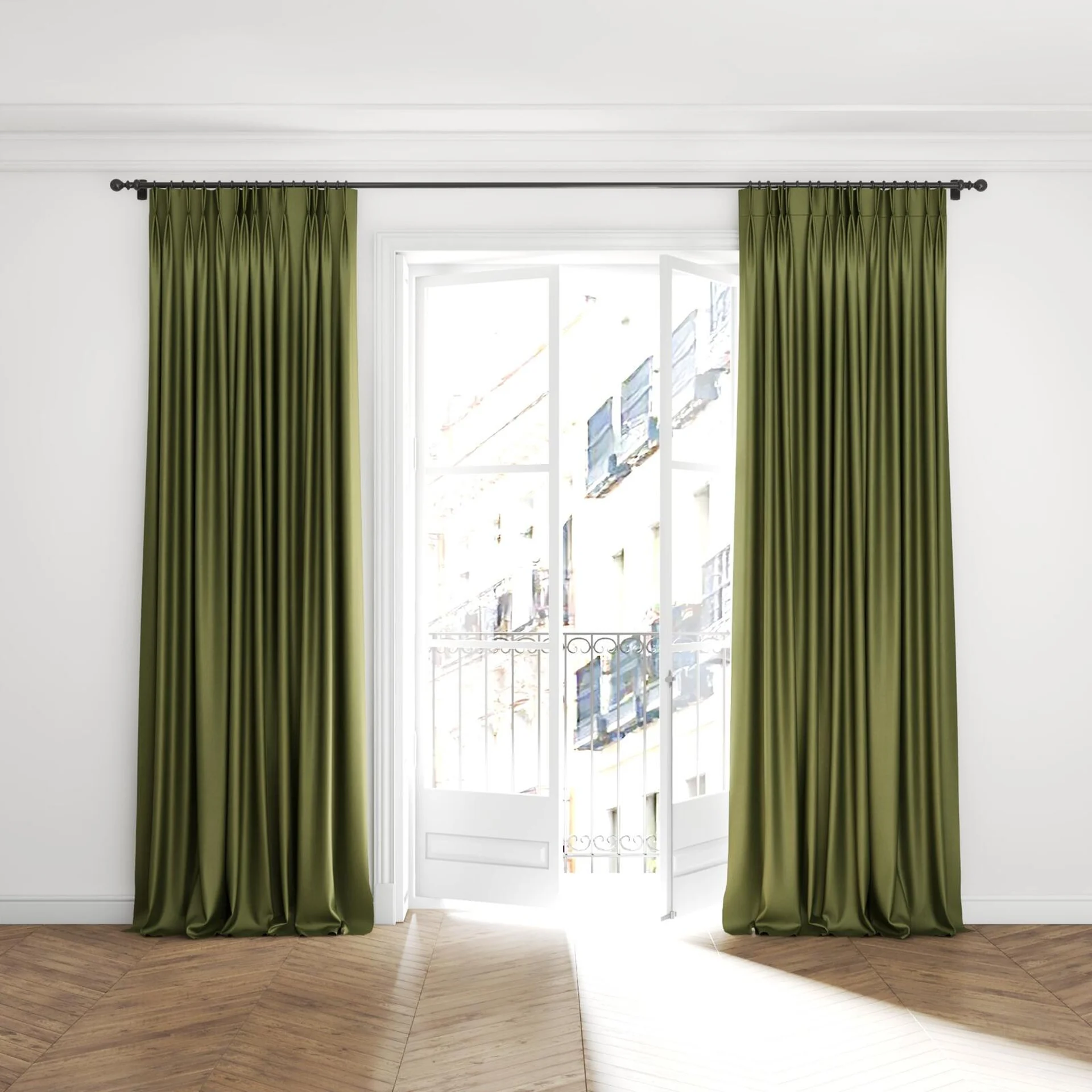 Full view of Matrix Pesto, puddled with pinch pleat, on curtain rod