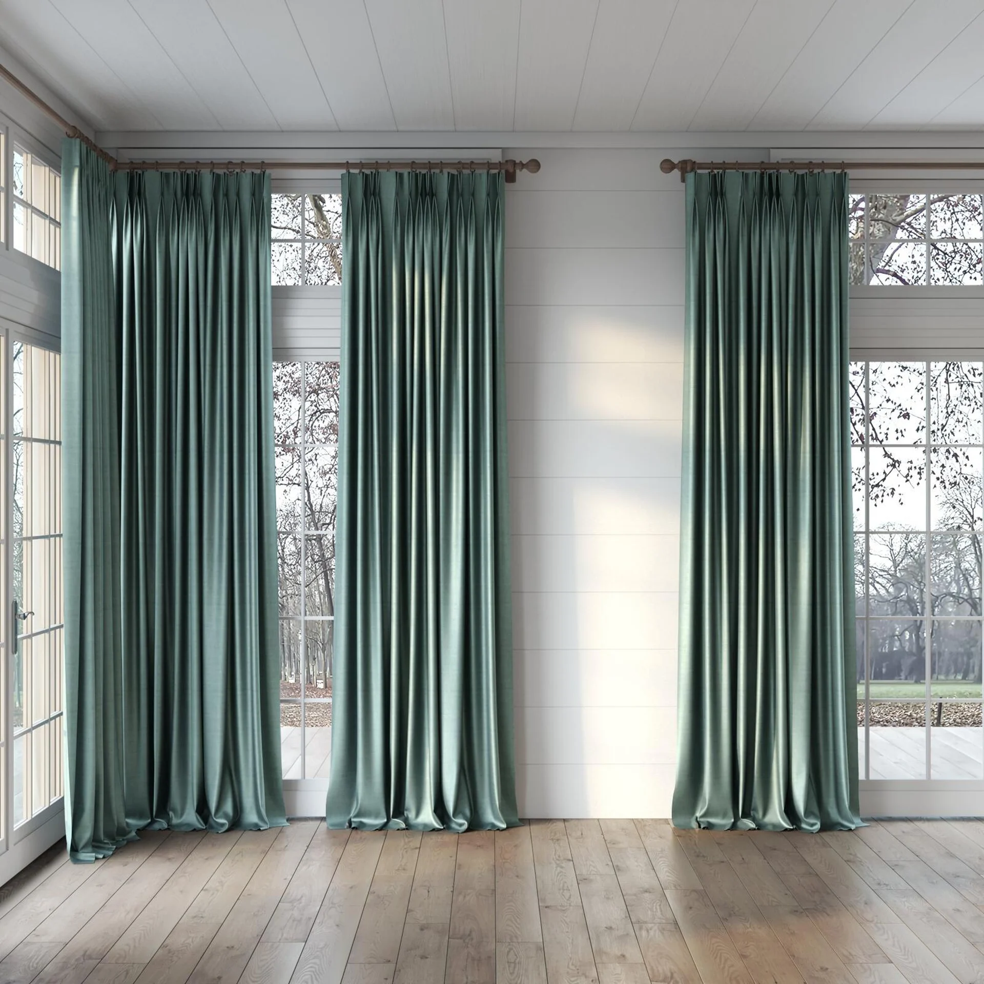 Full view of Zircon Teal, puddled, on curtain rod