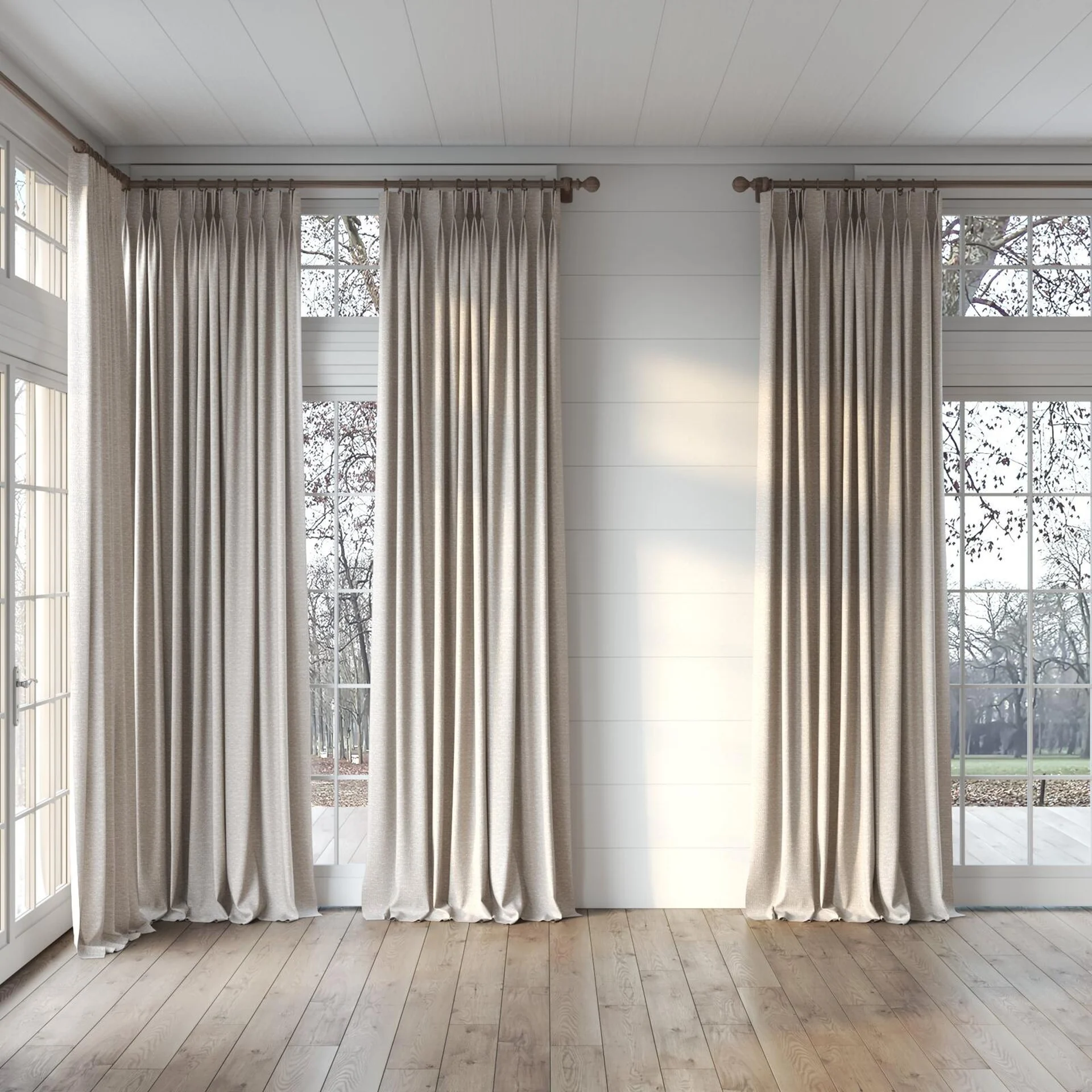 Full view of Cestino Flax, puddled, on curtain rod