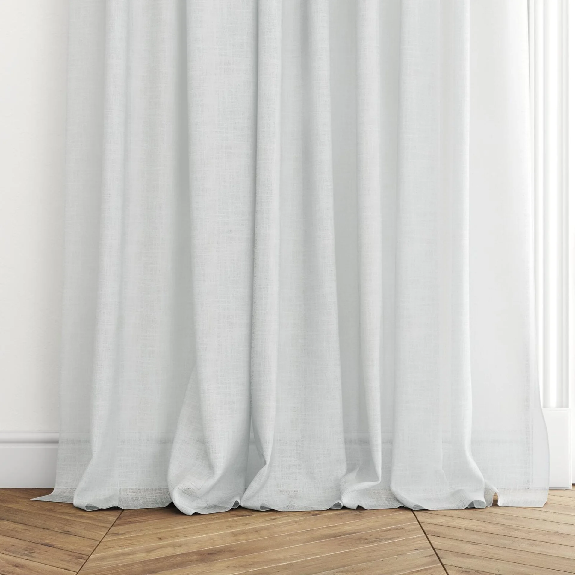 Bottom view of Verdant Snow, puddled with pinch pleat, on curtain rod