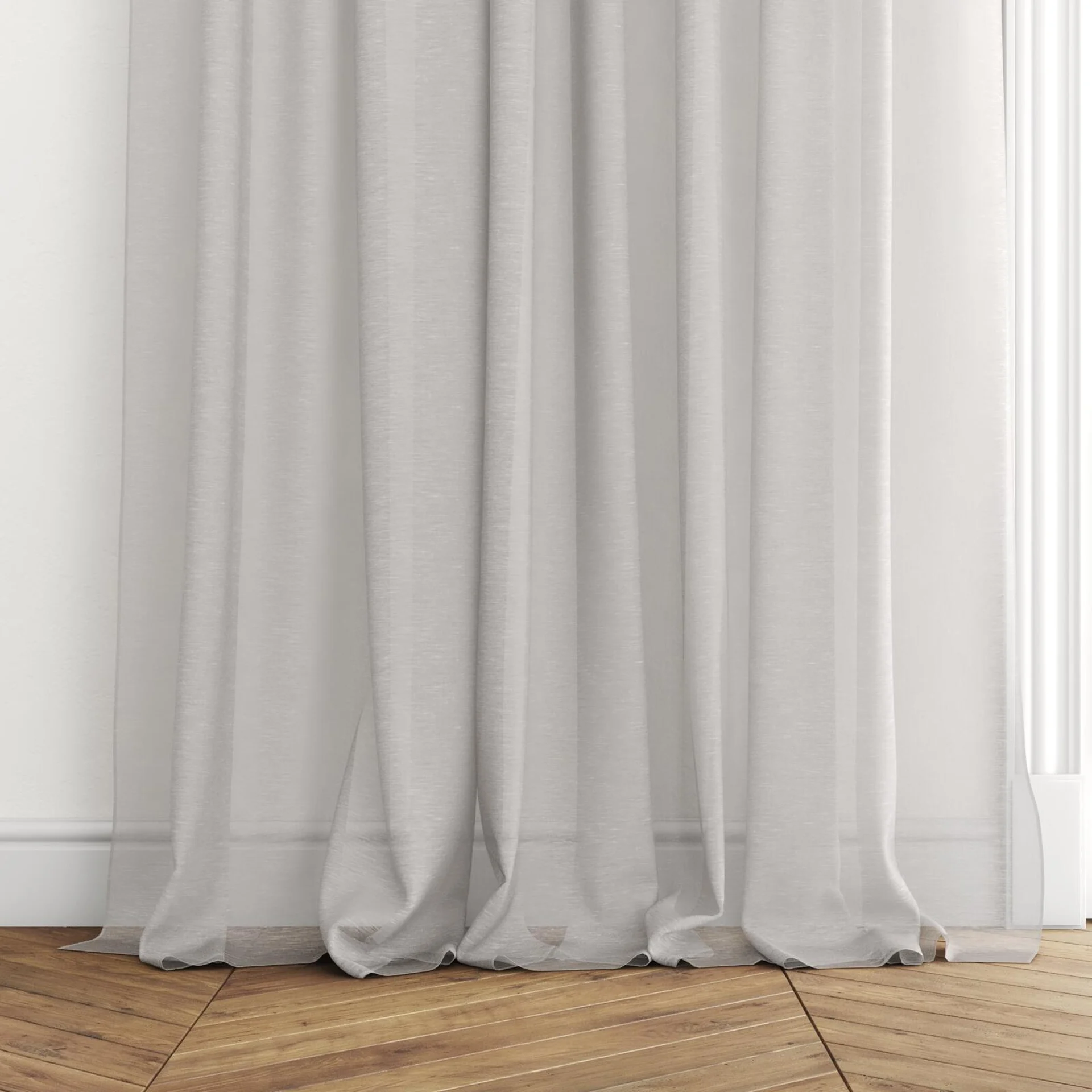 Bottom view of Locomotion Putty, puddled with pinch pleat, on curtain rod