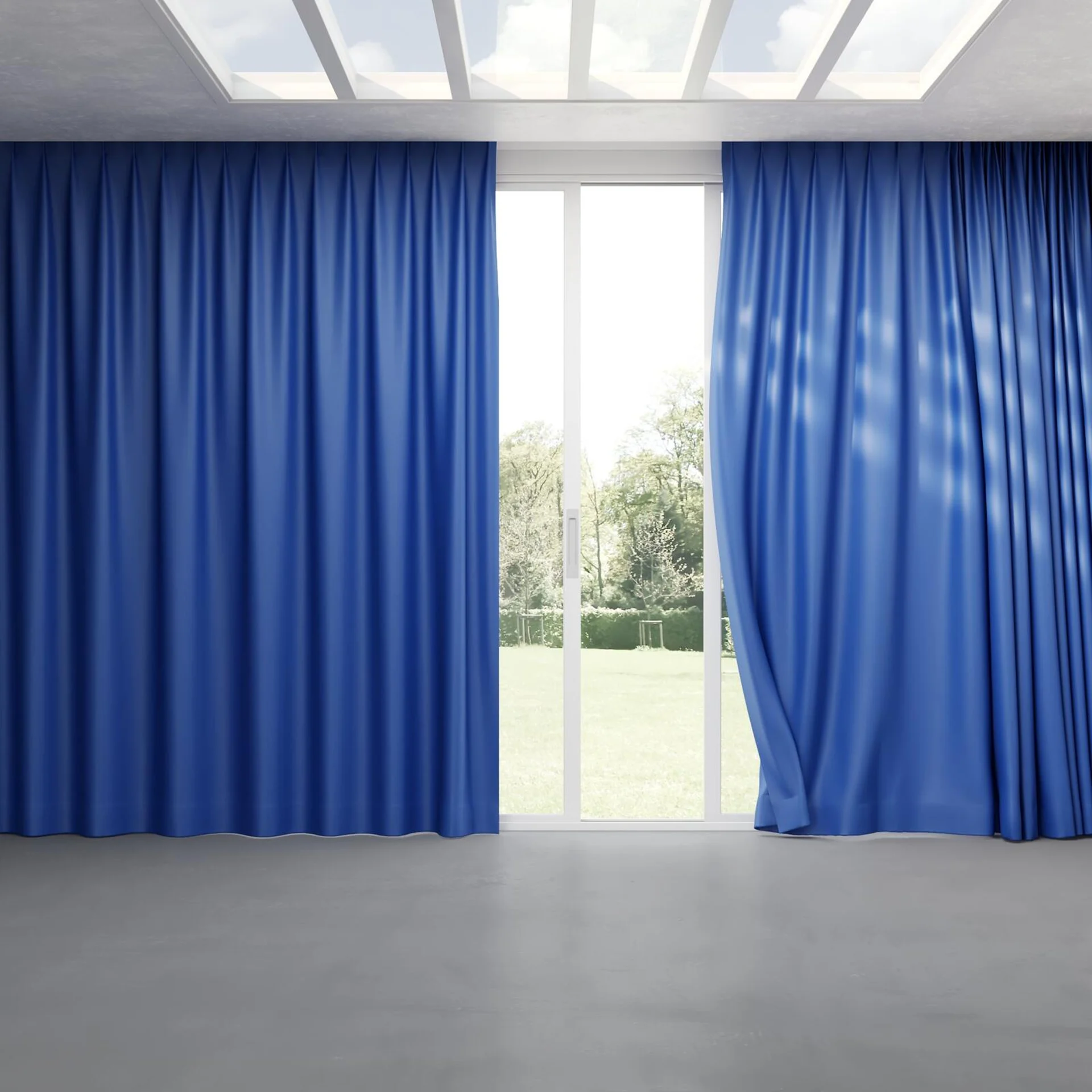 Full view of Blockbuster Cobalt, pinch pleat
