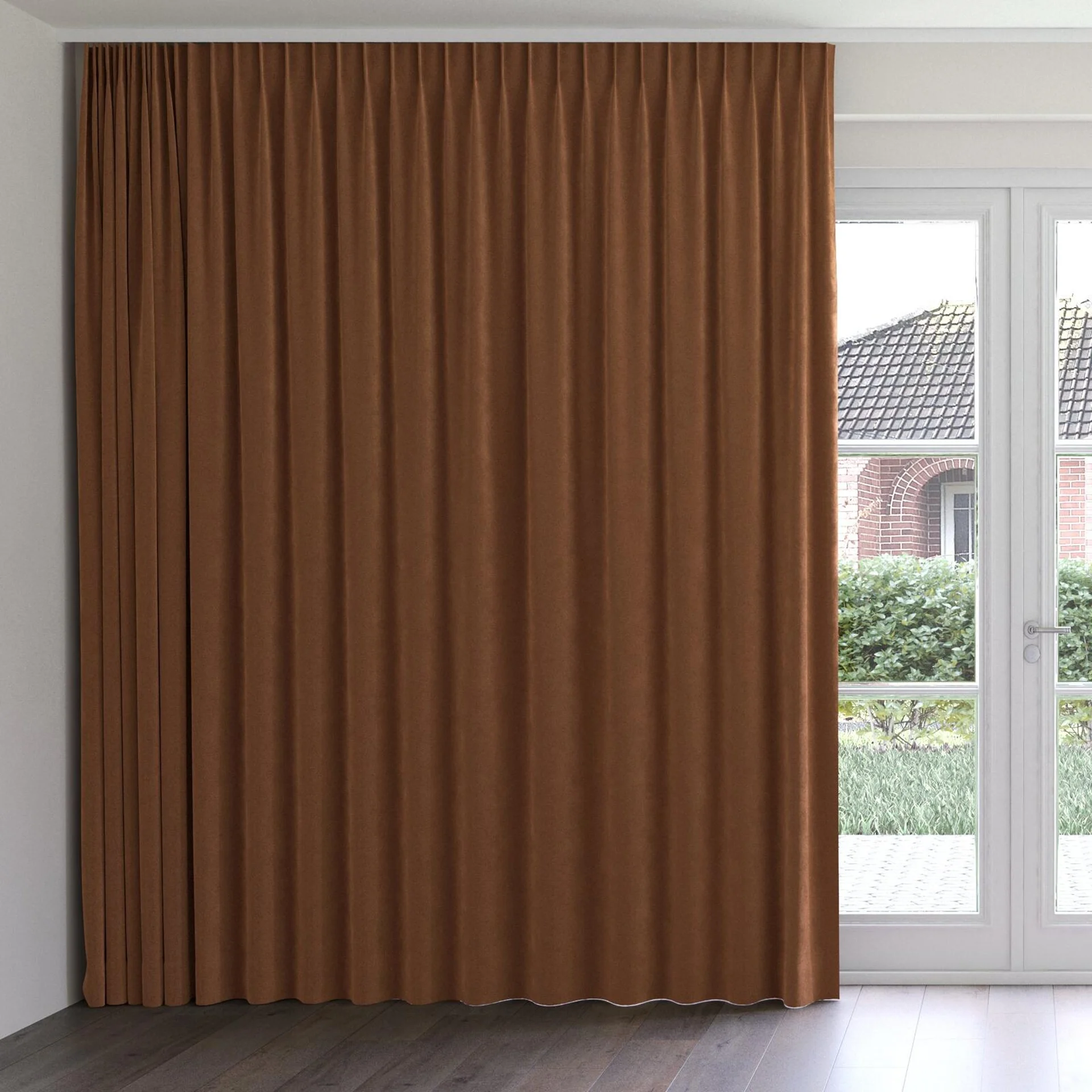 Front view of Lux Velvet Nut 8401, on curtain rail