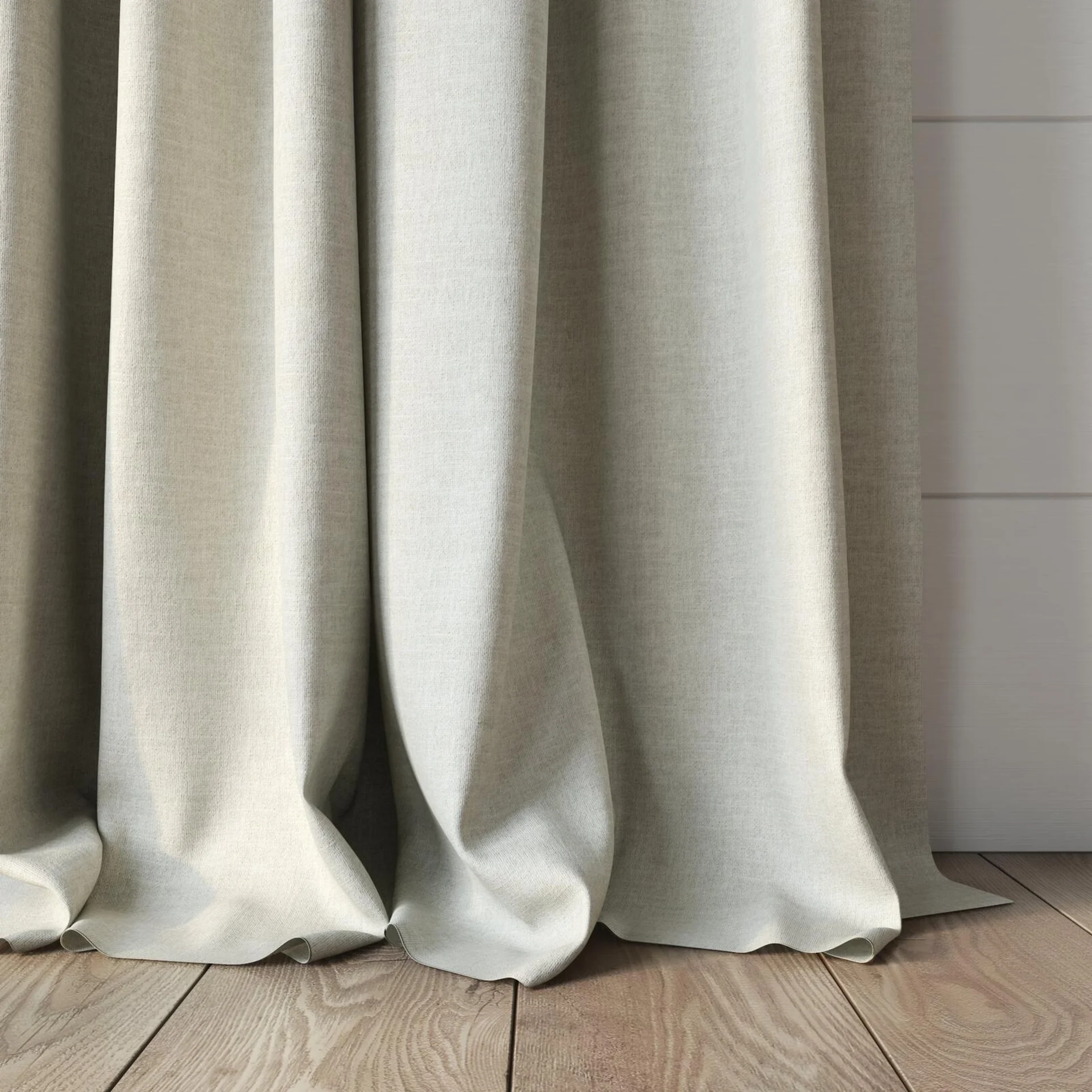 Bottom view of Casual Ivory, puddled, on curtain rod