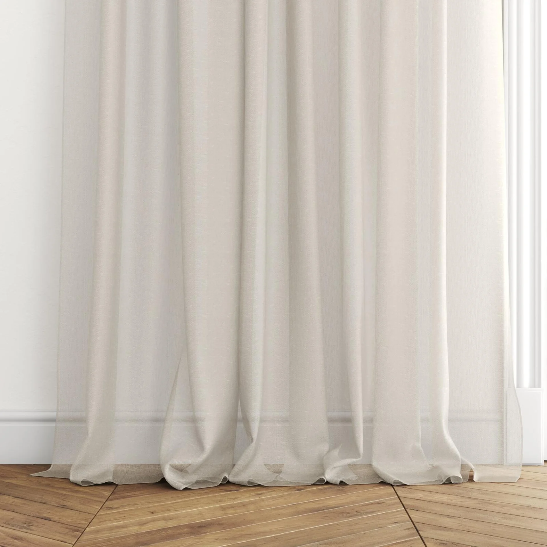 Bottom view of Hugo Sand, puddled with pinch pleat, on curtain rod
