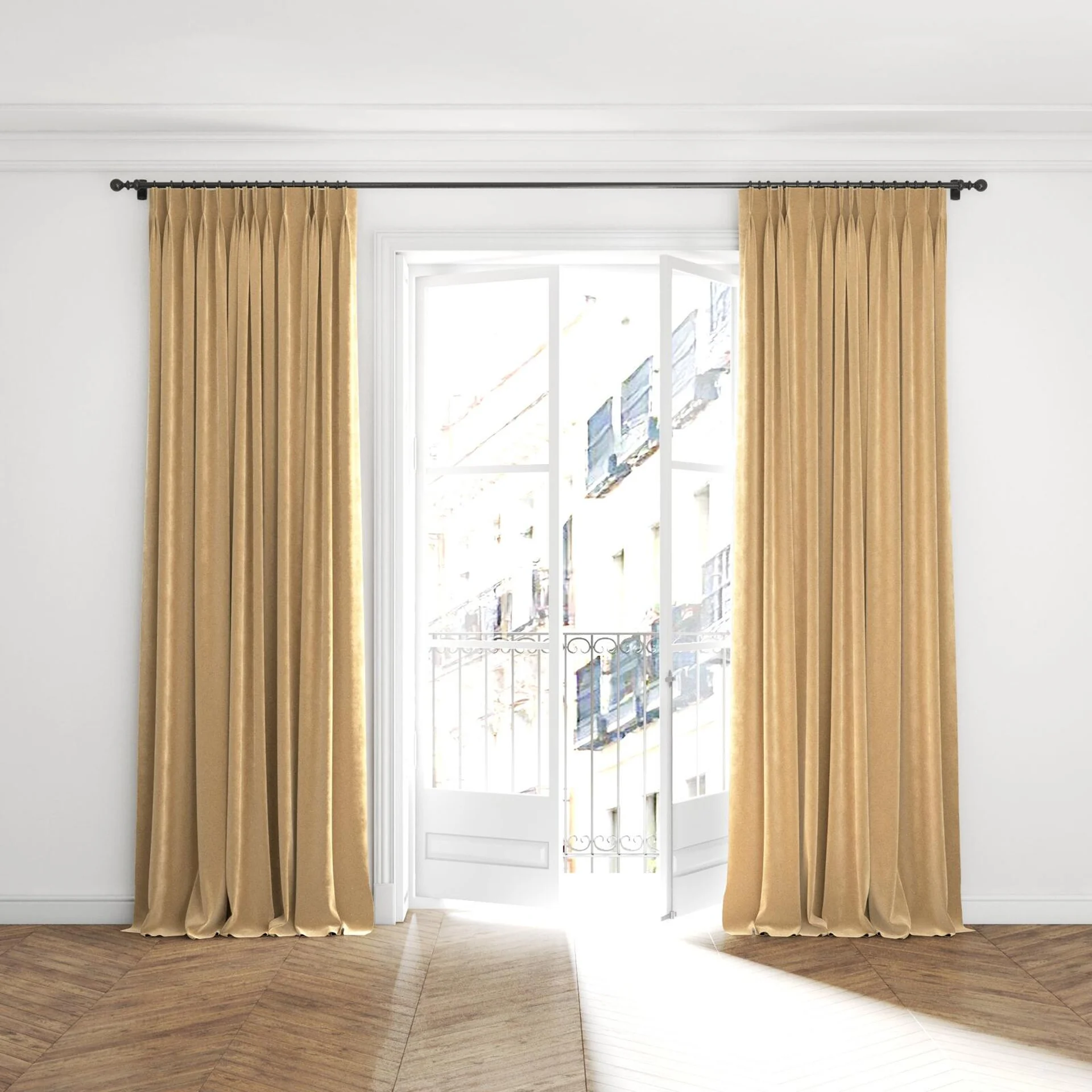 Full view of Lux Velvet Antelope 8406, puddled with pinch pleat, on curtain rod
