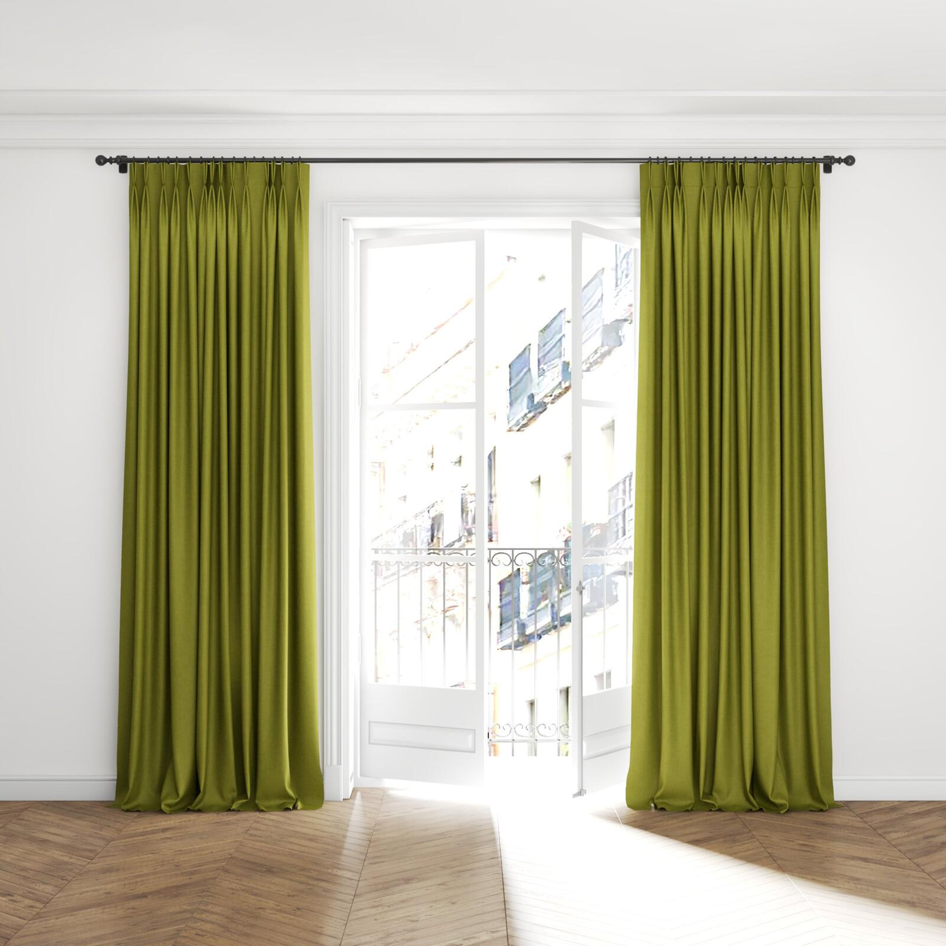 Full view of Perfecto Oasis, puddled with pinch pleat, on curtain rod