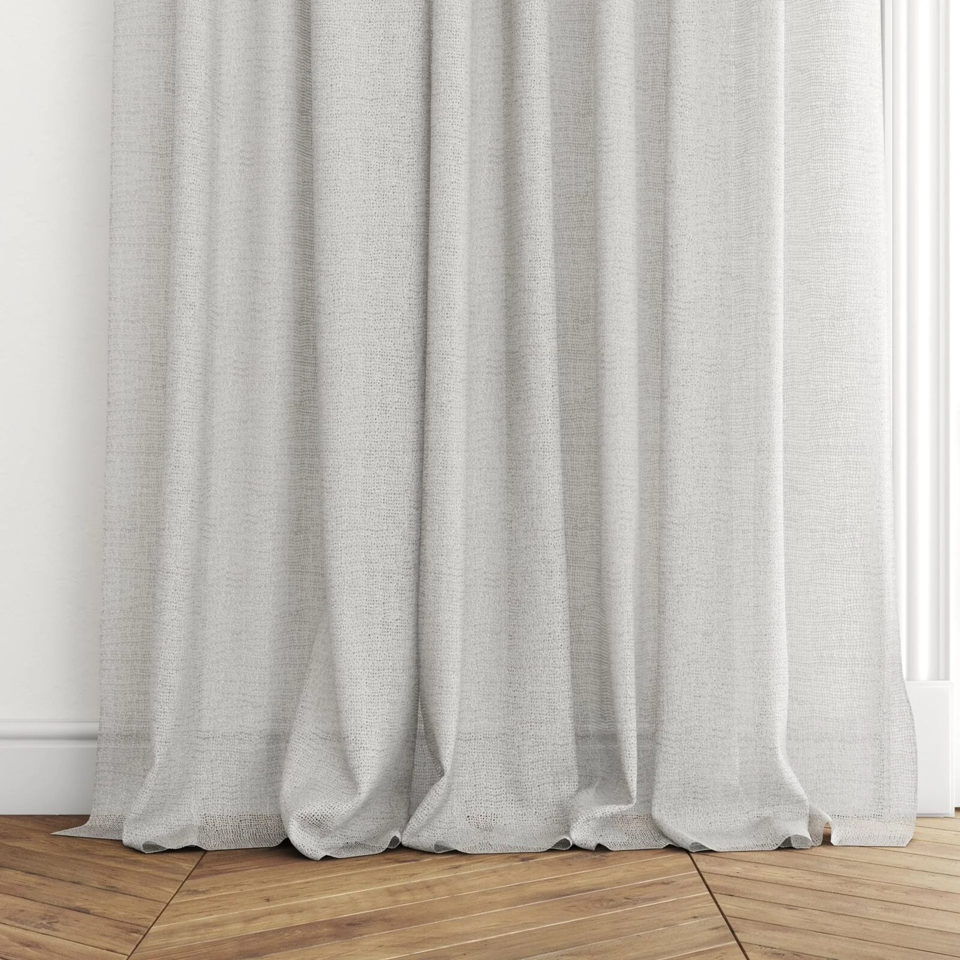 Bottom view of O'Keeffe Stone, puddled with pinch pleat, on curtain rod