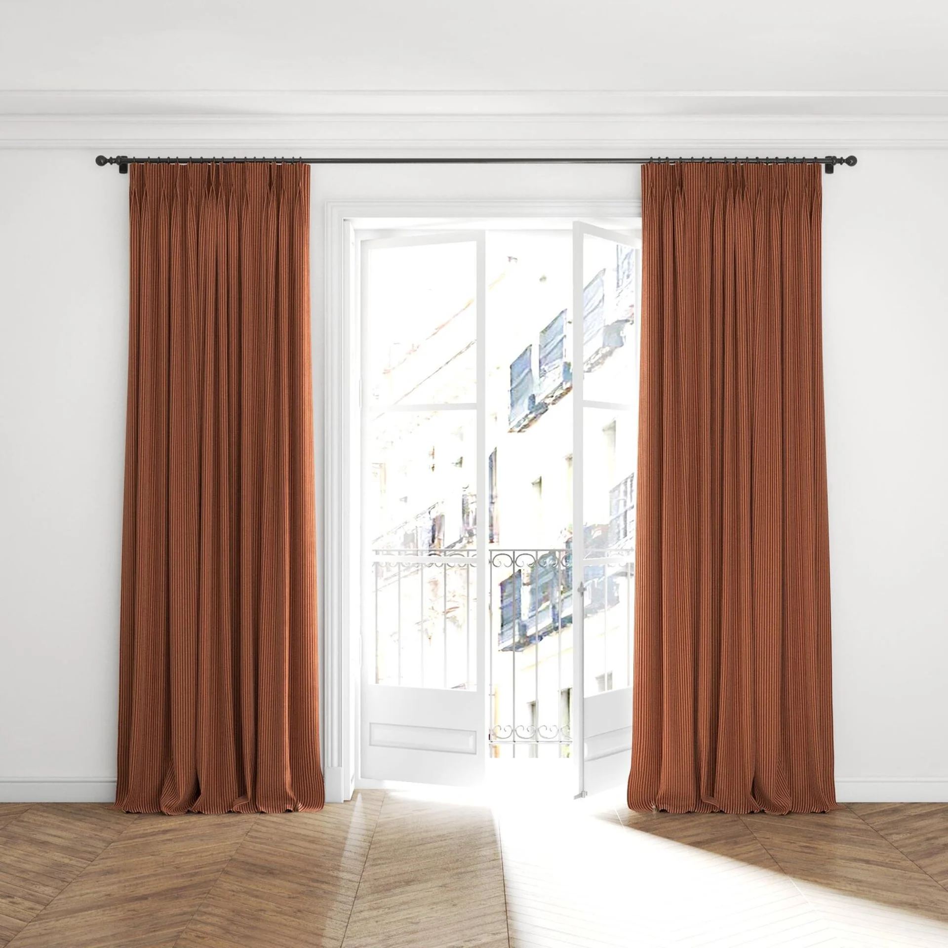 Full view of Embrace Copper, puddled with pinch pleat, on curtain rod