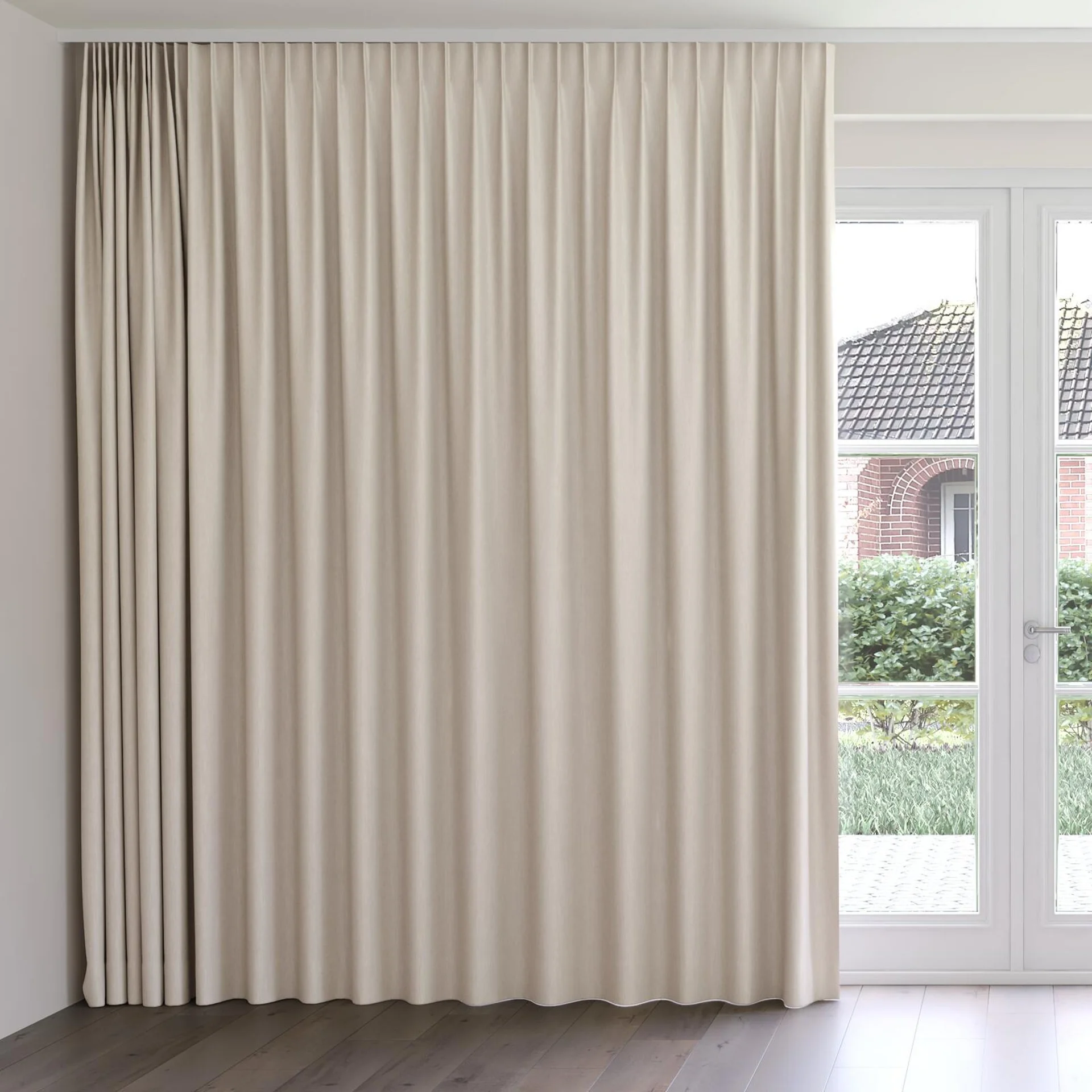 Front view of Cordoba Sepia, on curtain rail