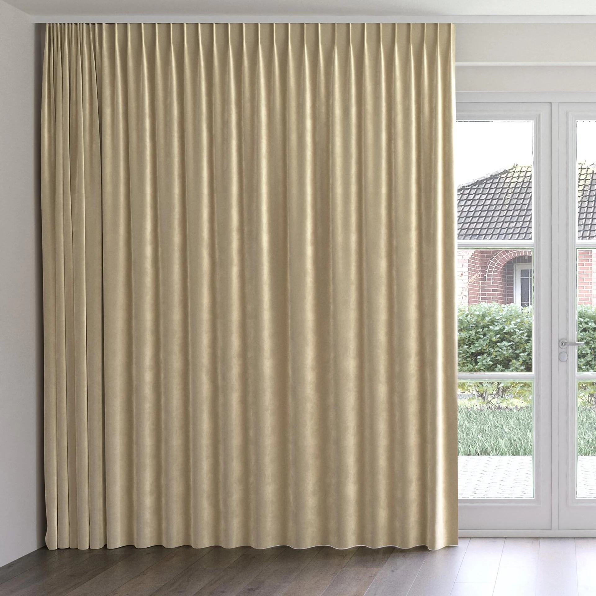 Front view of Velvelux Caramel, on curtain rail