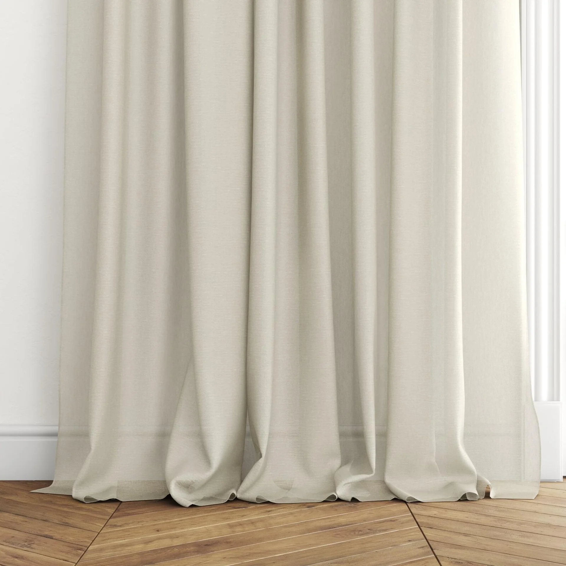 Bottom view of Alcova Linen, puddled with pinch pleat, on curtain rod