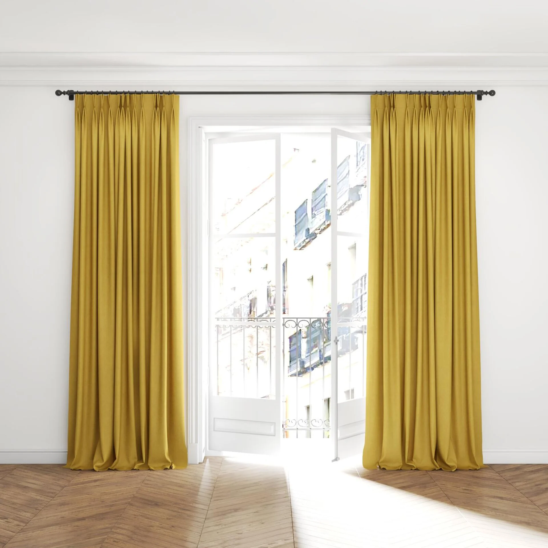 Full view of Rover Gold, puddled with pinch pleat, on curtain rod