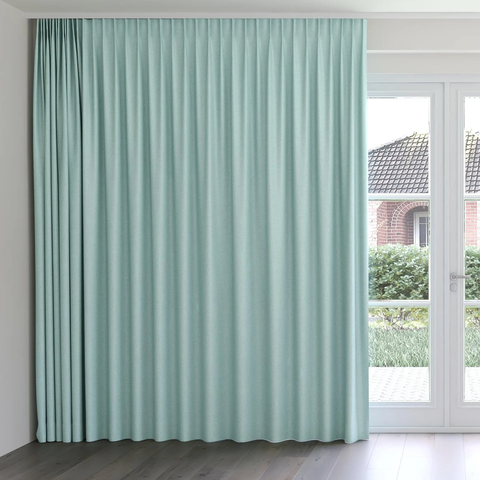 Front view of Hometown Enamel, on curtain rail