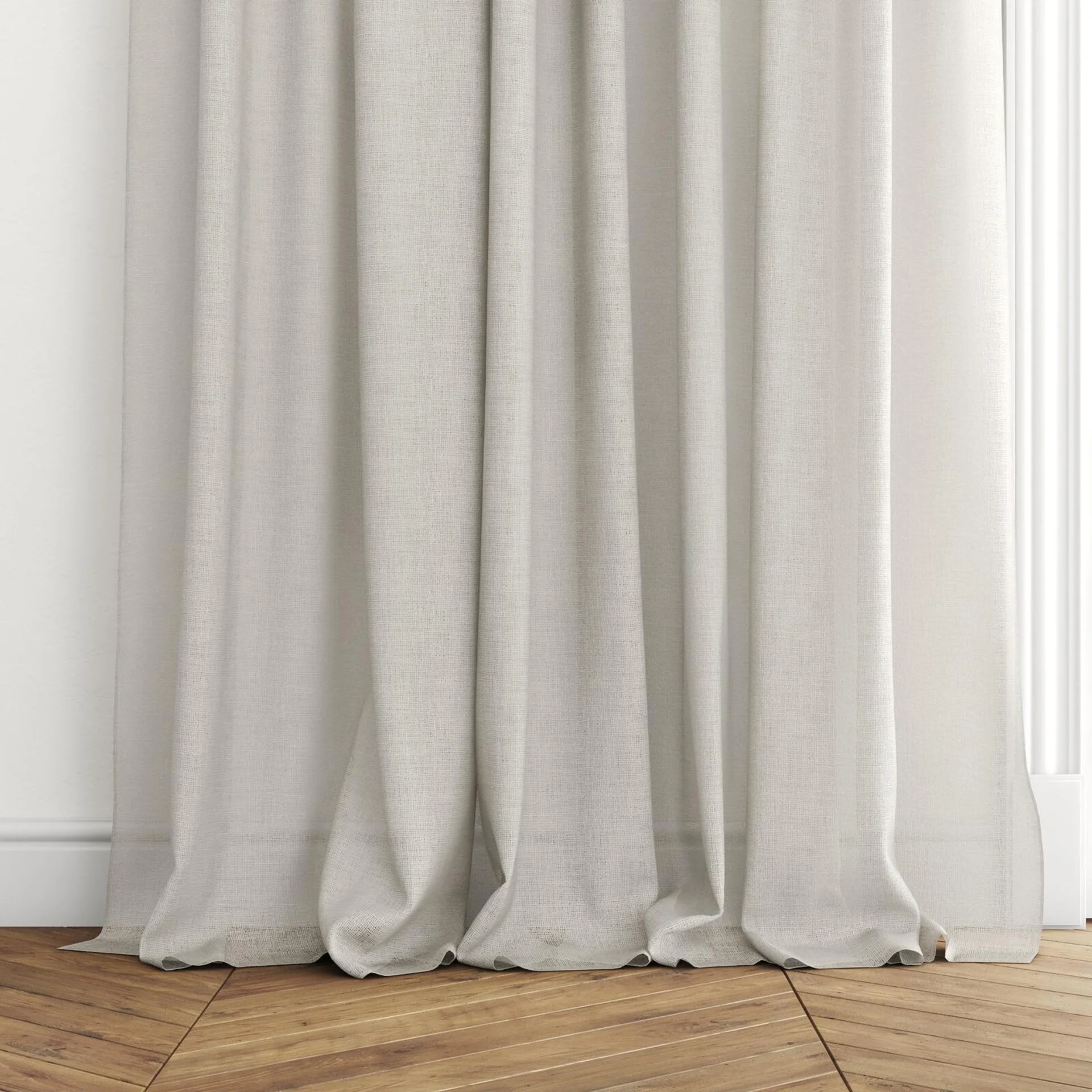 Bottom view of Statement Linen, puddled with pinch pleat, on curtain rod