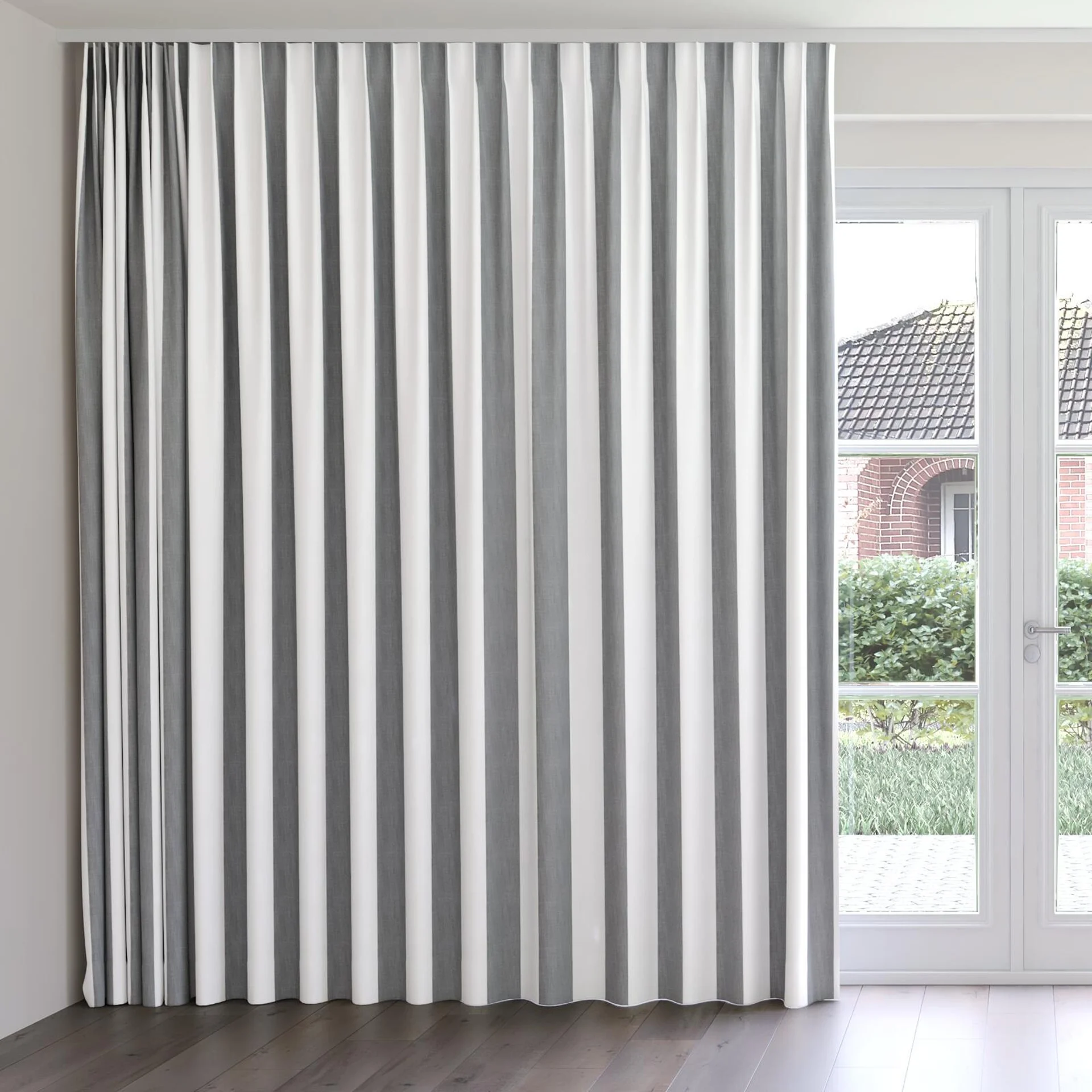 Front view of Chambray Bold Black, on curtain rail