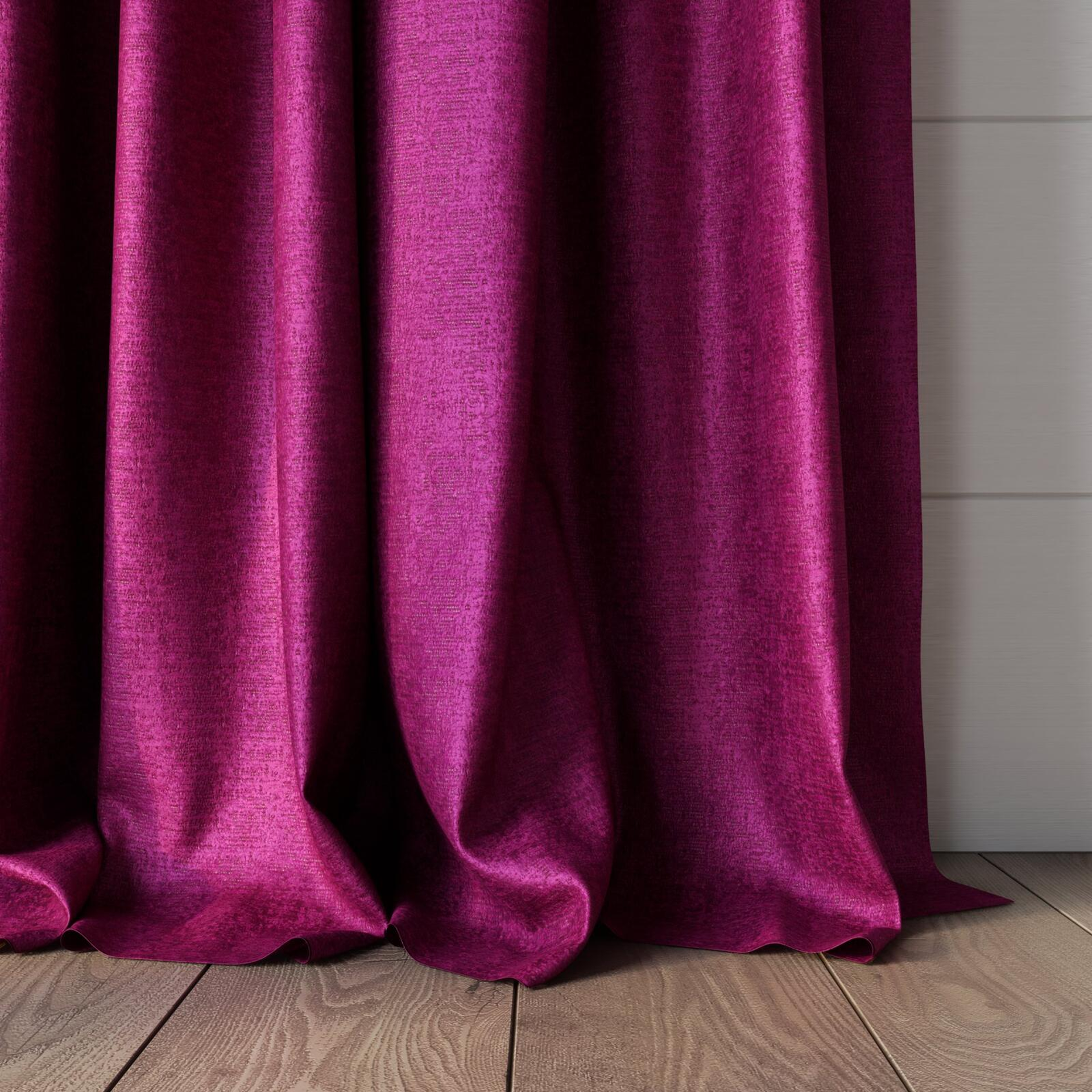 Bottom view of Hug Fuschia, puddled, on curtain rod