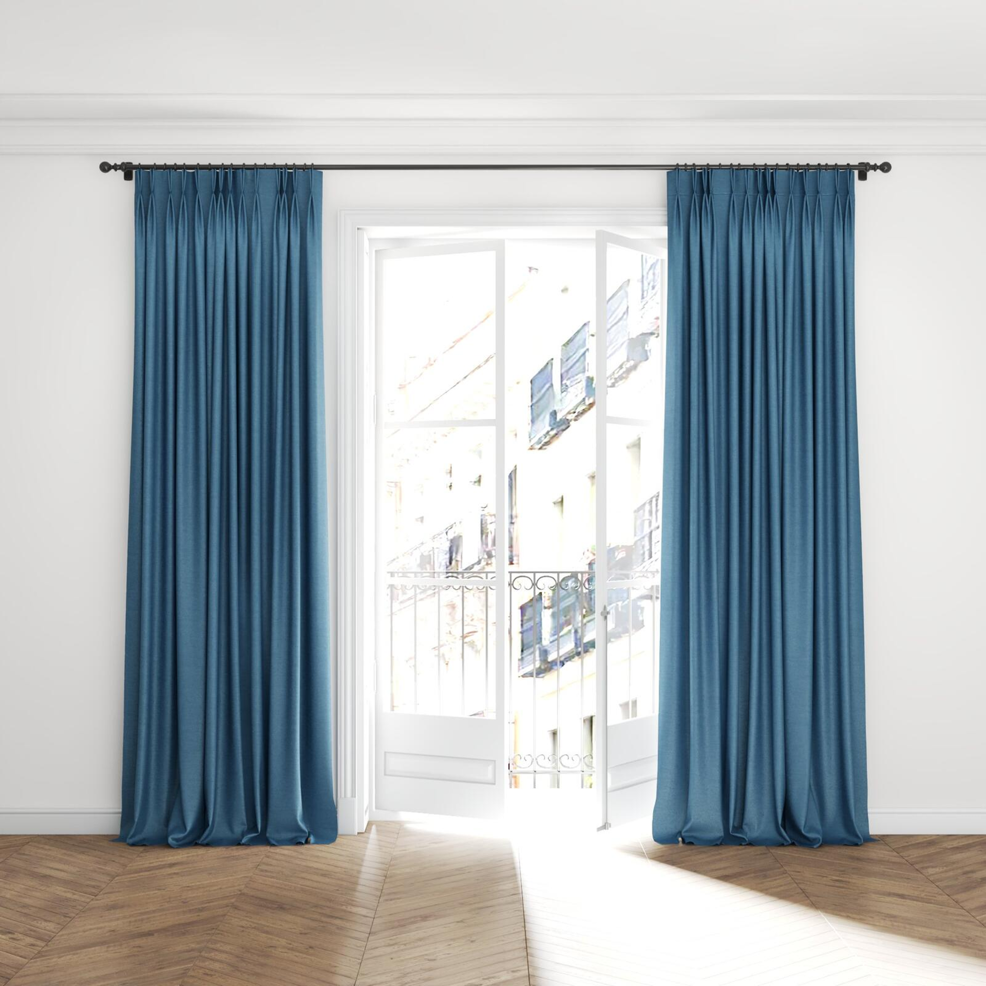Full view of Drama Spa, puddled with pinch pleat, on curtain rod