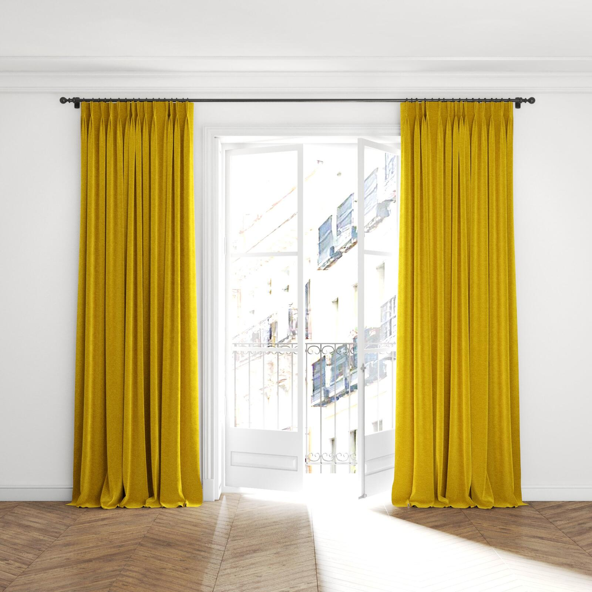 Full view of Geneva Gold, puddled with pinch pleat, on curtain rod