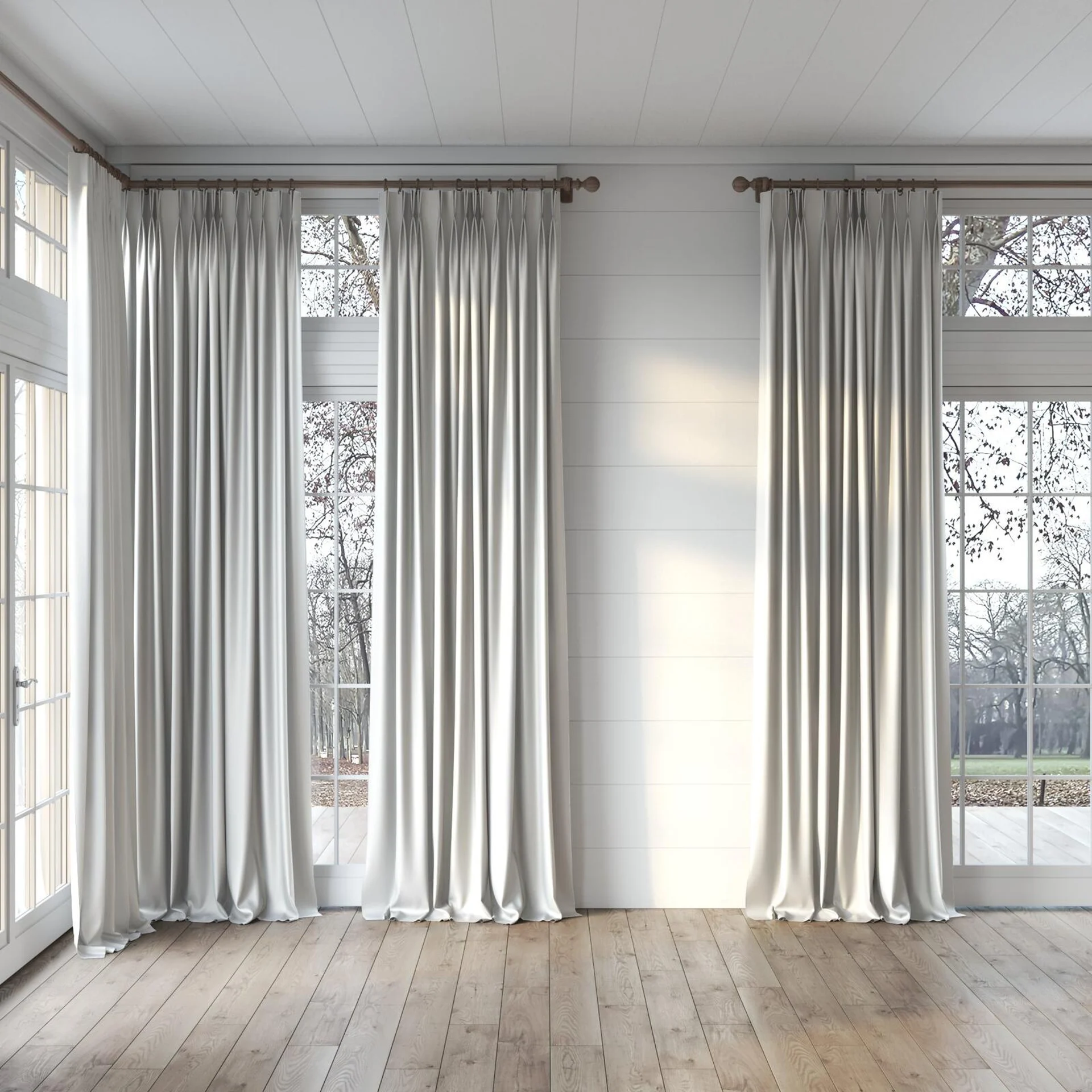 Full view of Stallion 2 Blackout Parchment, puddled, on curtain rod