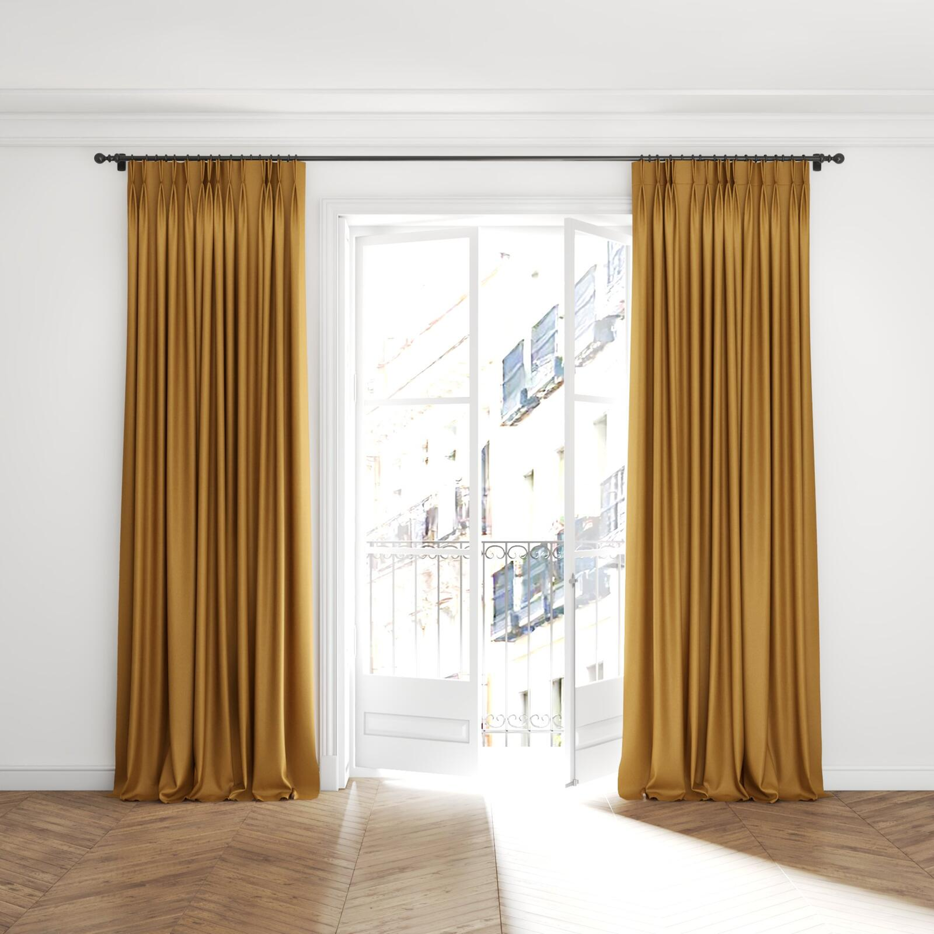 Full view of Woolly/Woolen Amber, puddled with pinch pleat, on curtain rod