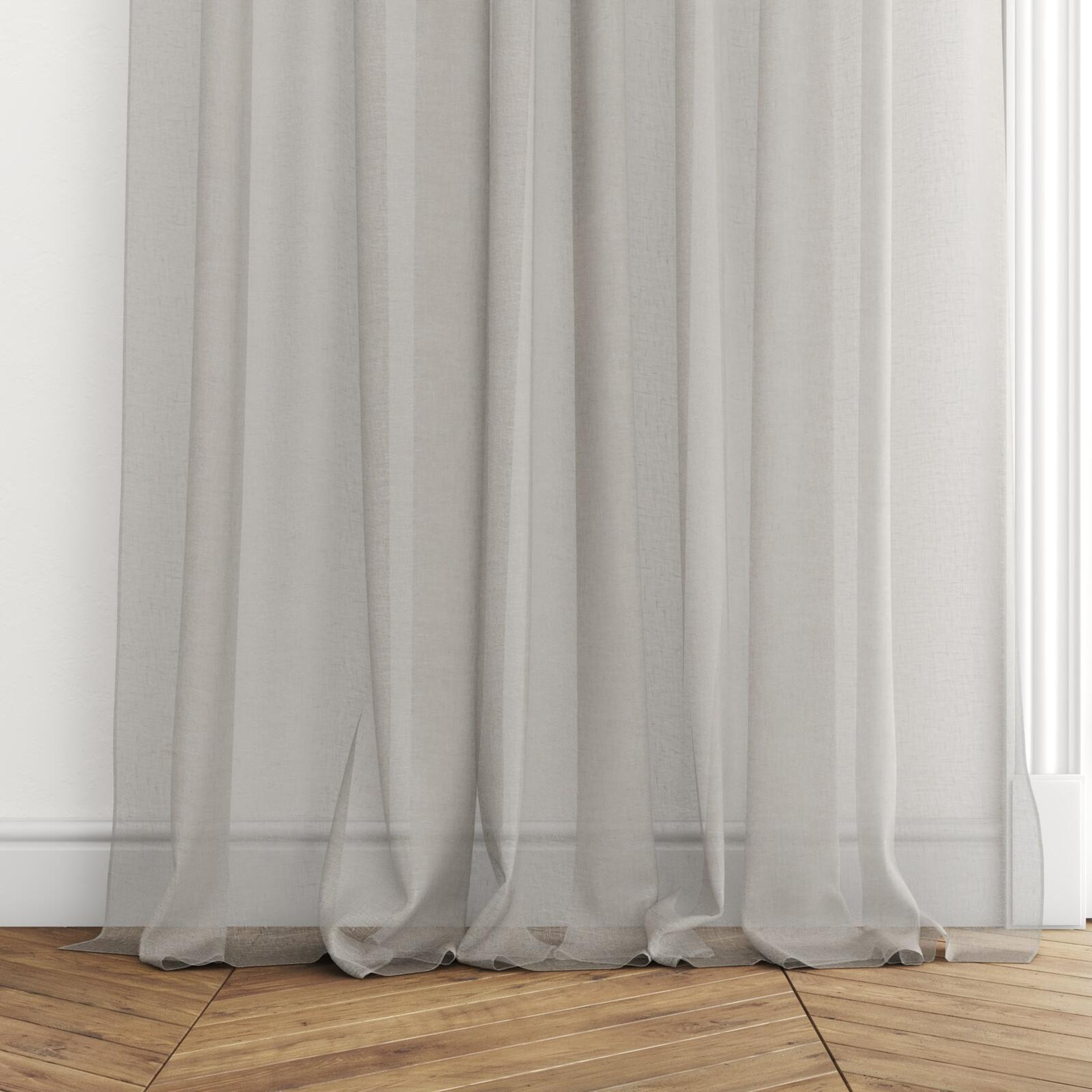 Bottom view of Pure Linen Feather, puddled with pinch pleat, on curtain rod