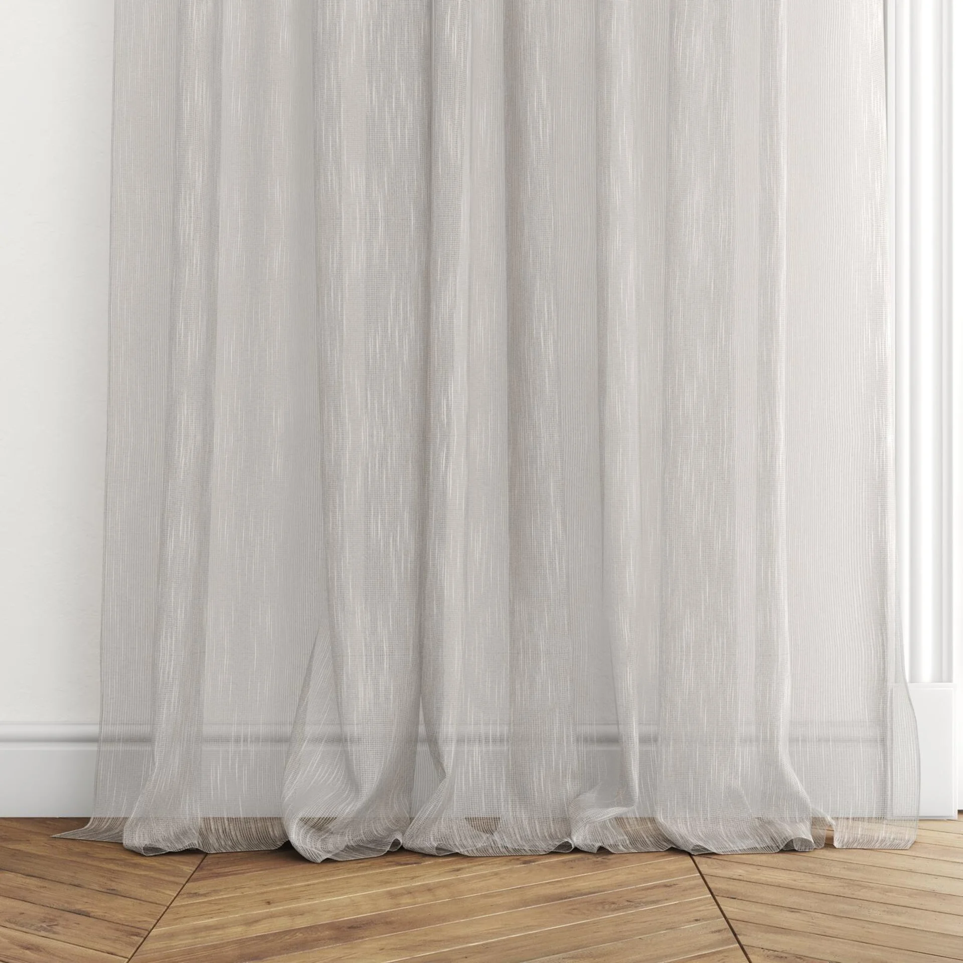 Bottom view of Alliance FR Peyote, puddled with pinch pleat, on curtain rod