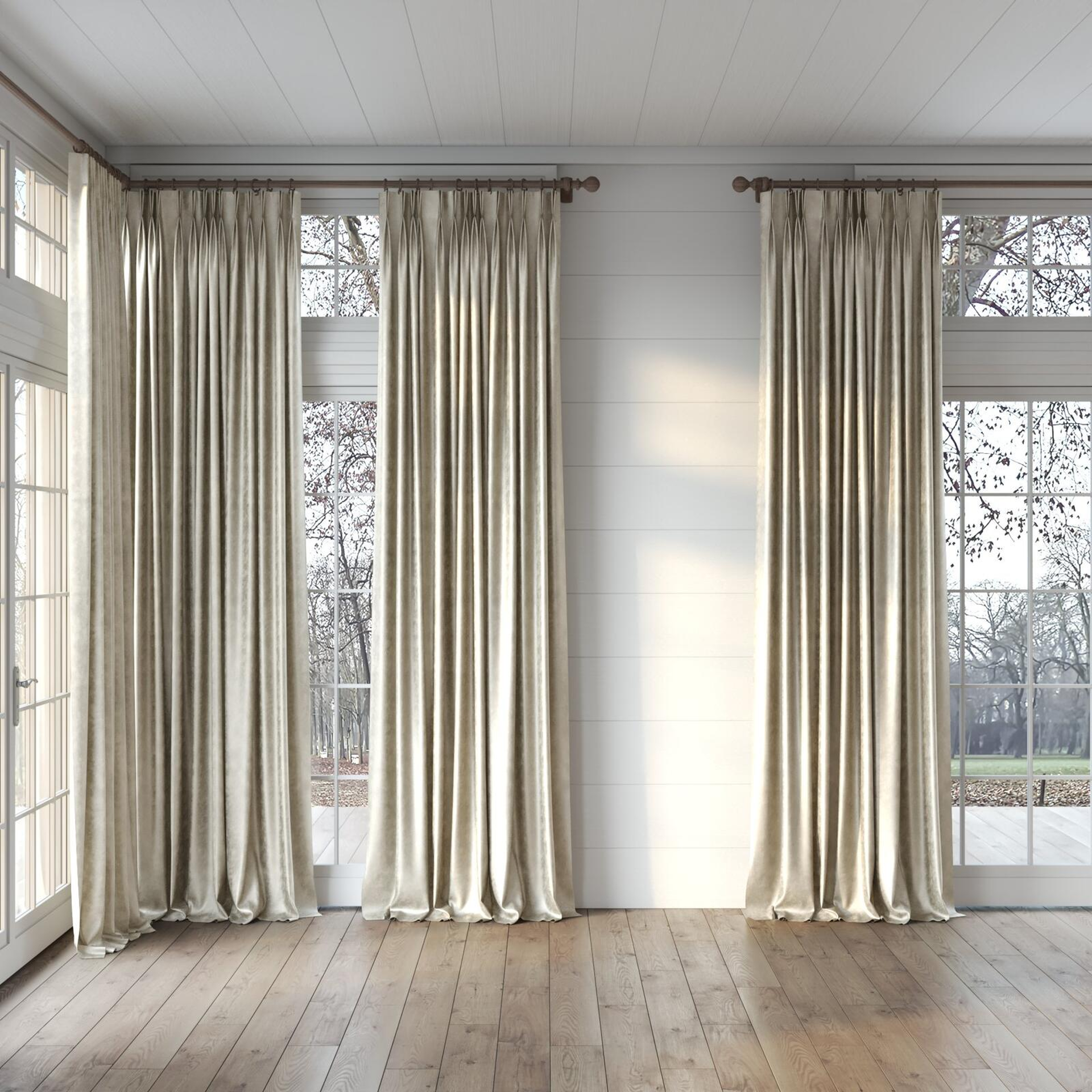 Full view of Fizz Marzipan, puddled, on curtain rod
