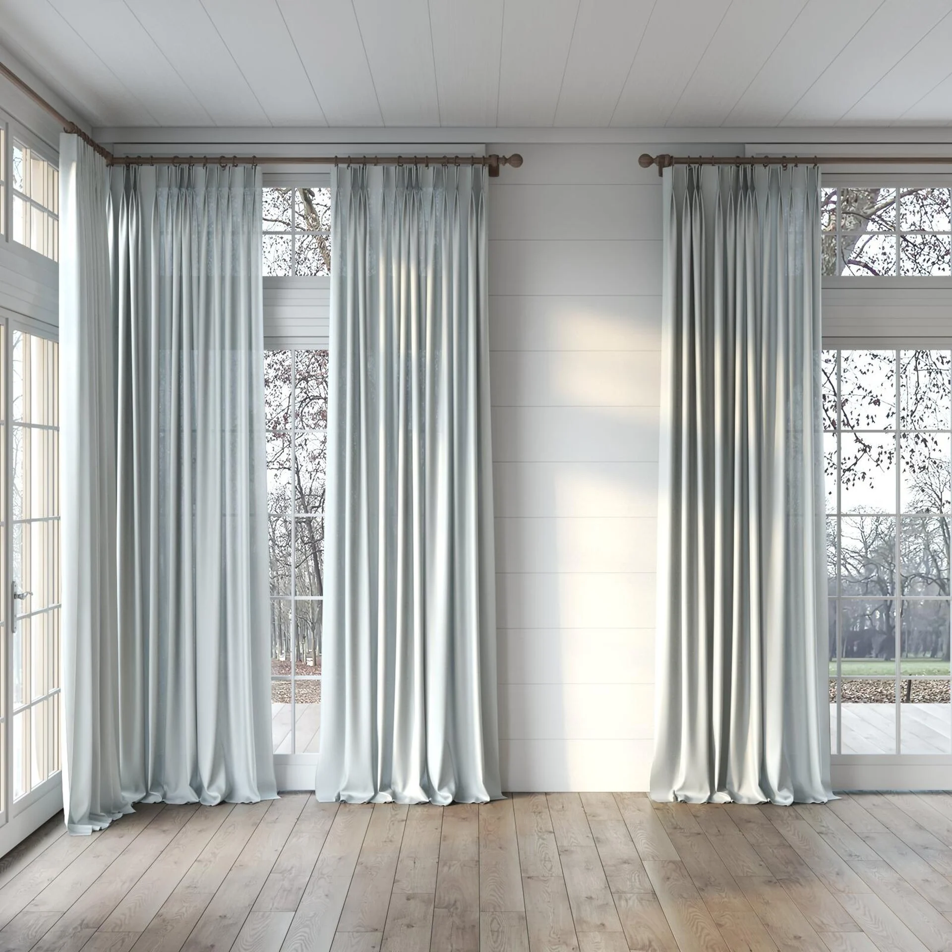 Full view of Linen Pumice, puddled, on curtain rod