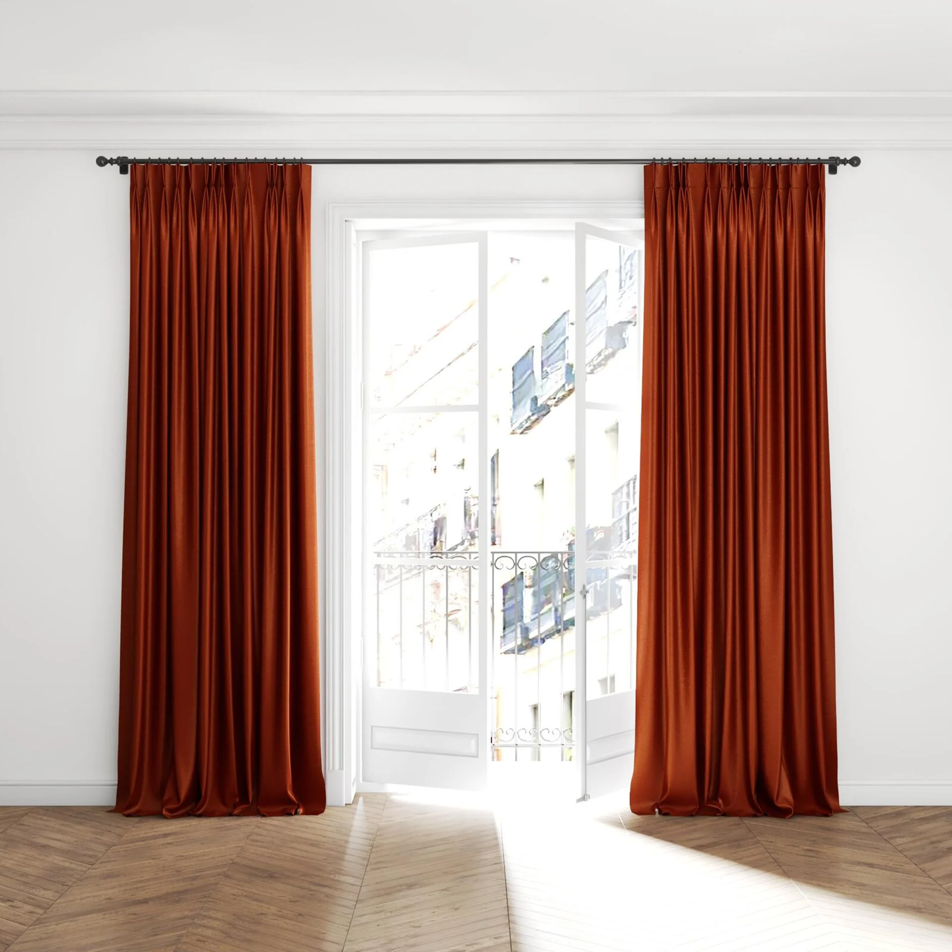 Full view of Recharge Terra, puddled with pinch pleat, on curtain rod