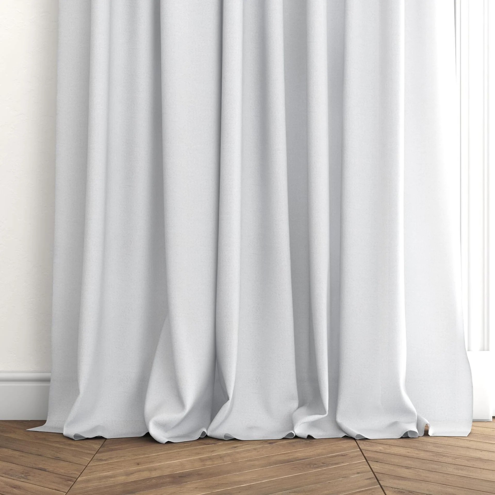 Bottom view of Rava Snow, puddled with pinch pleat, on curtain rod