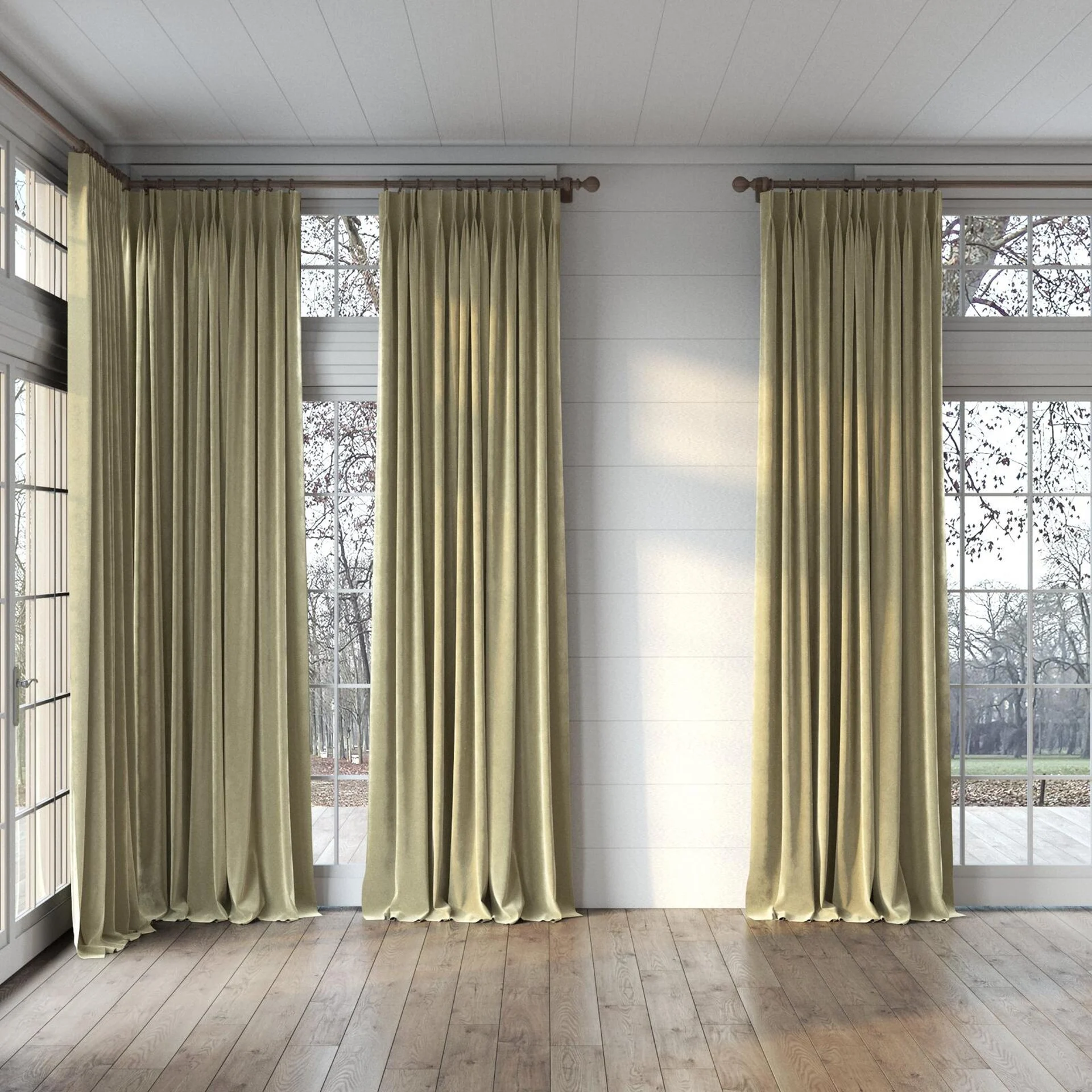 Full view of Lux Velvet Moss 8408, puddled, on curtain rod