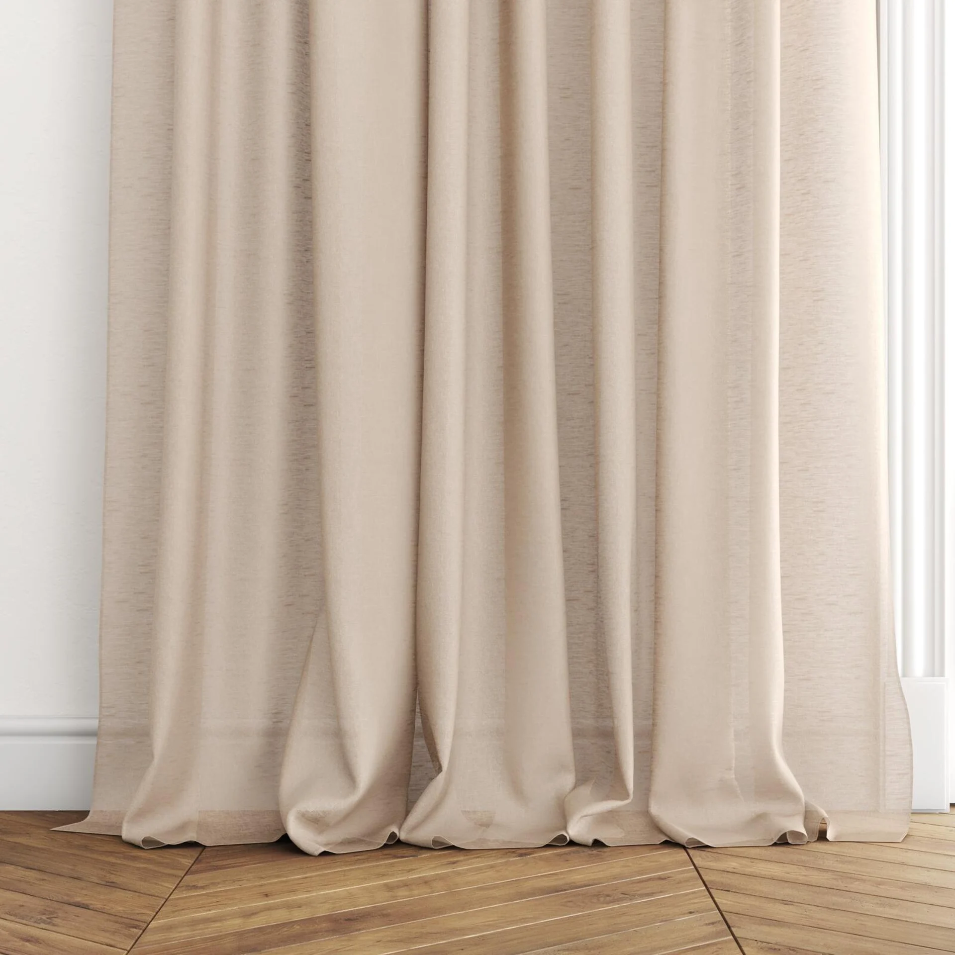 Bottom view of Laconia Air Ballet, puddled with pinch pleat, on curtain rod