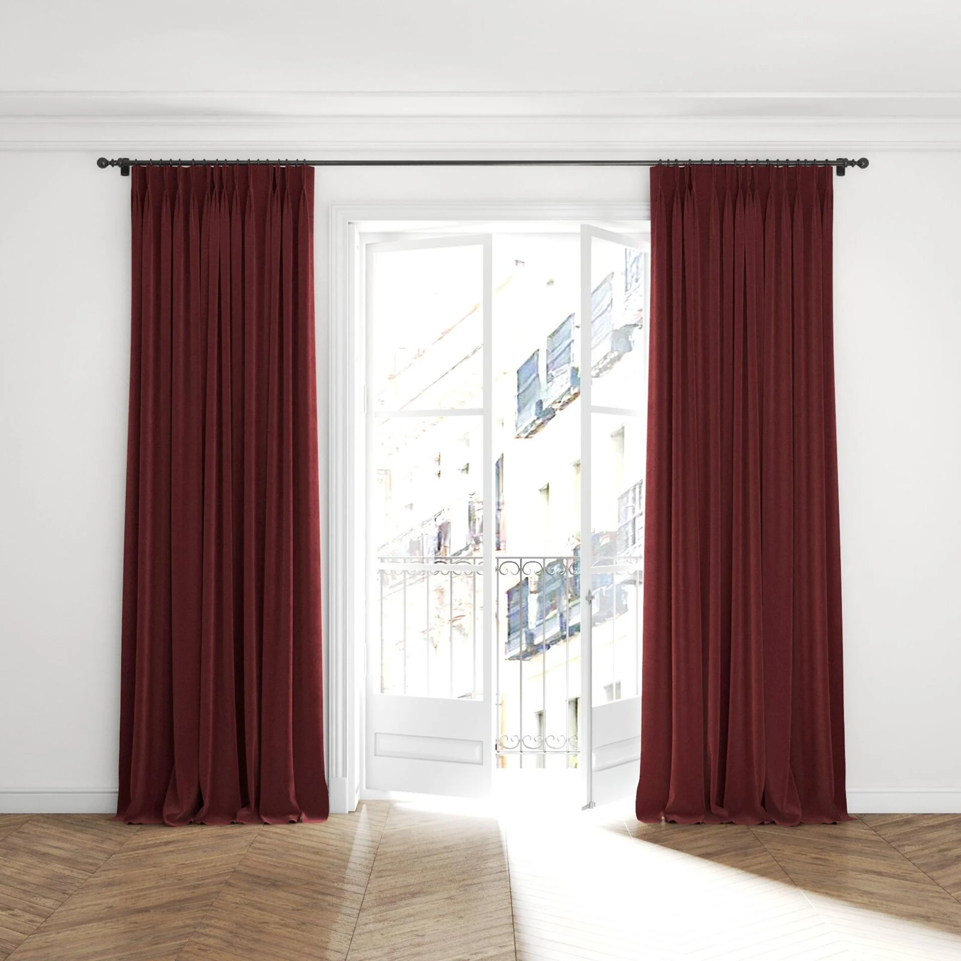 Full view of Verbier Cabernet, puddled with pinch pleat, on curtain rod