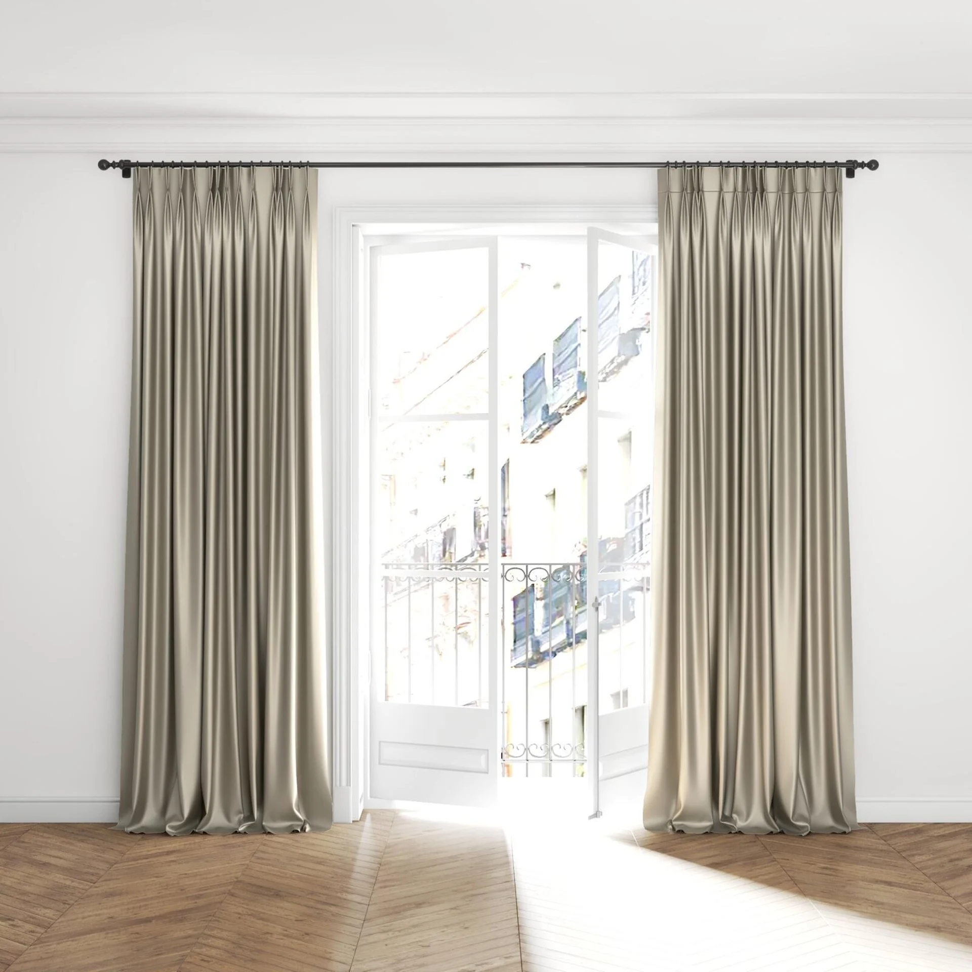 Full view of North Face Linen, puddled with pinch pleat, on curtain rod