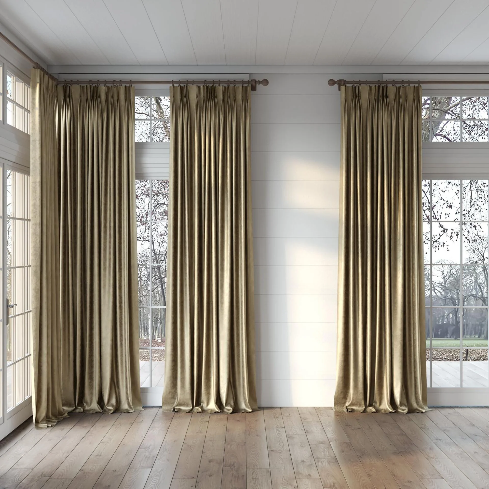 Full view of Fizz Earth, puddled, on curtain rod