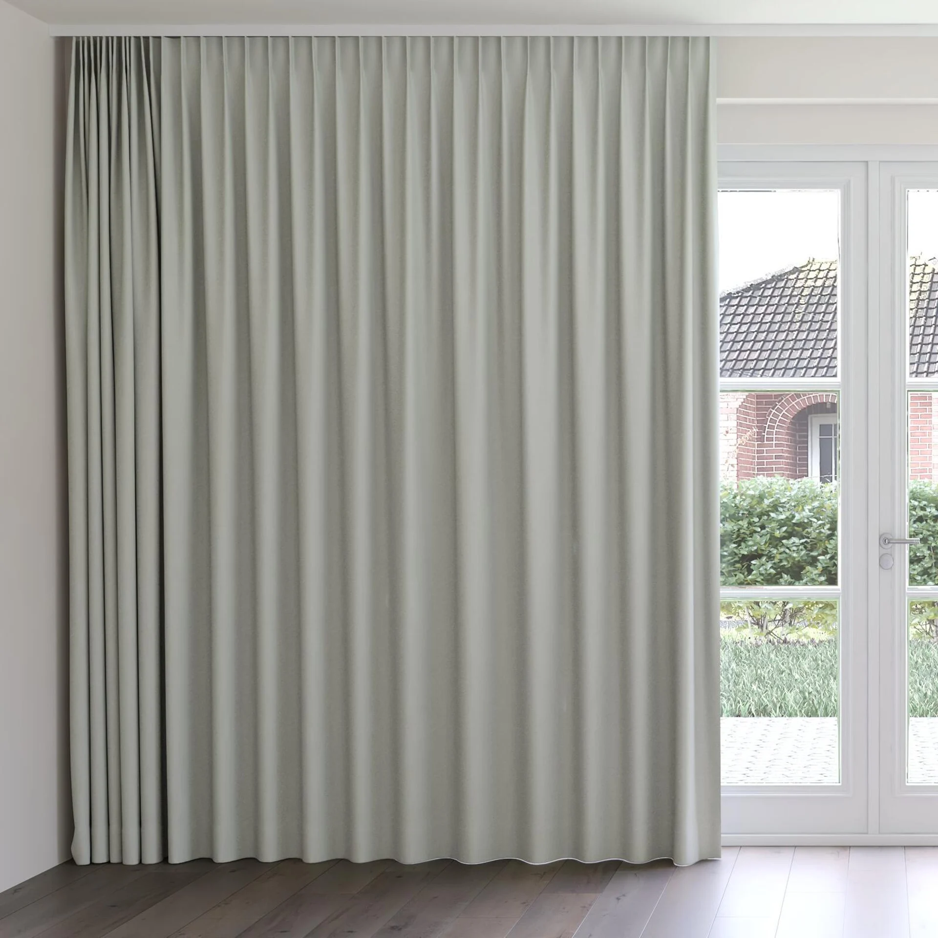 Front view of Oakley FR Sage, on curtain rail