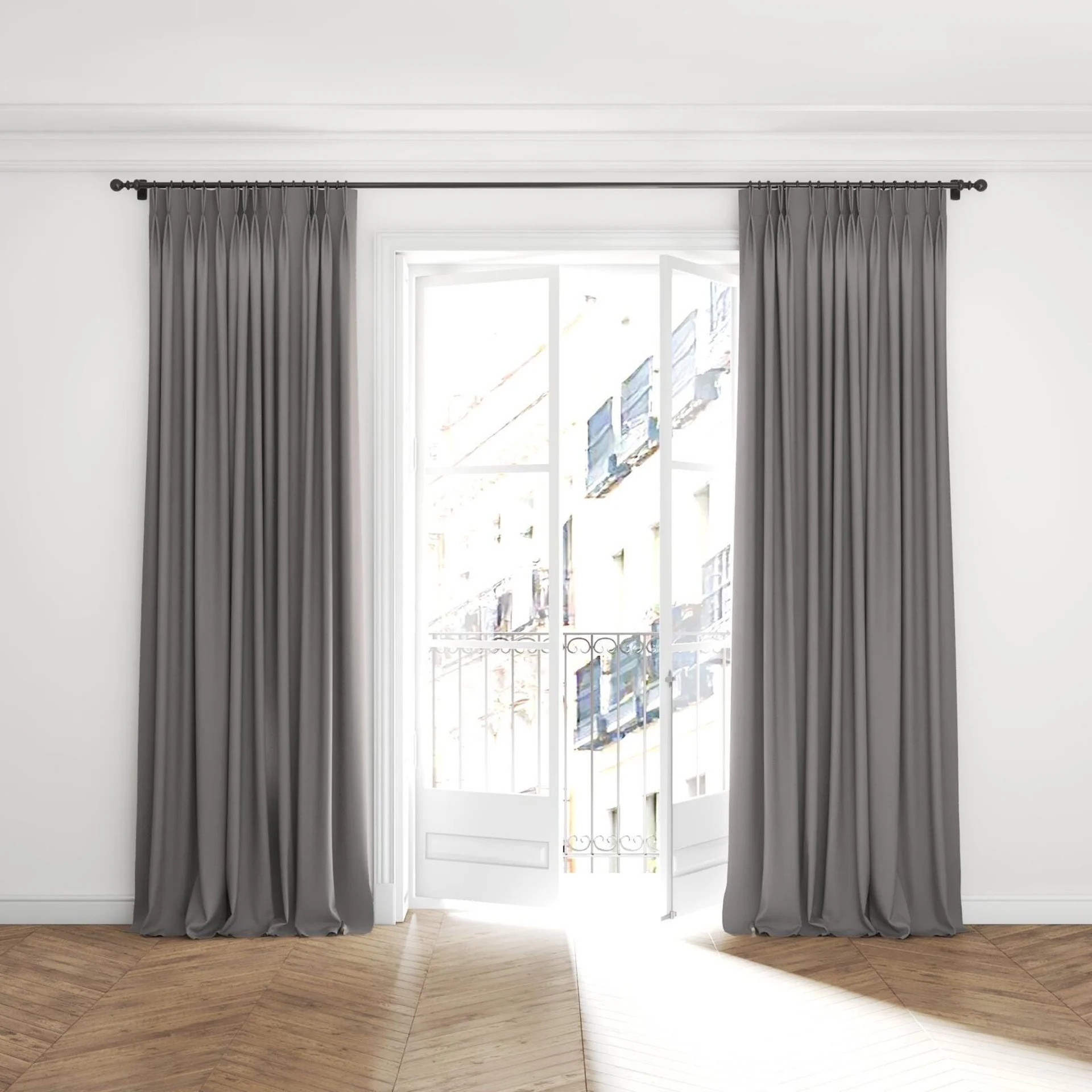 Full view of Darkness Rabbit, puddled with pinch pleat, on curtain rod