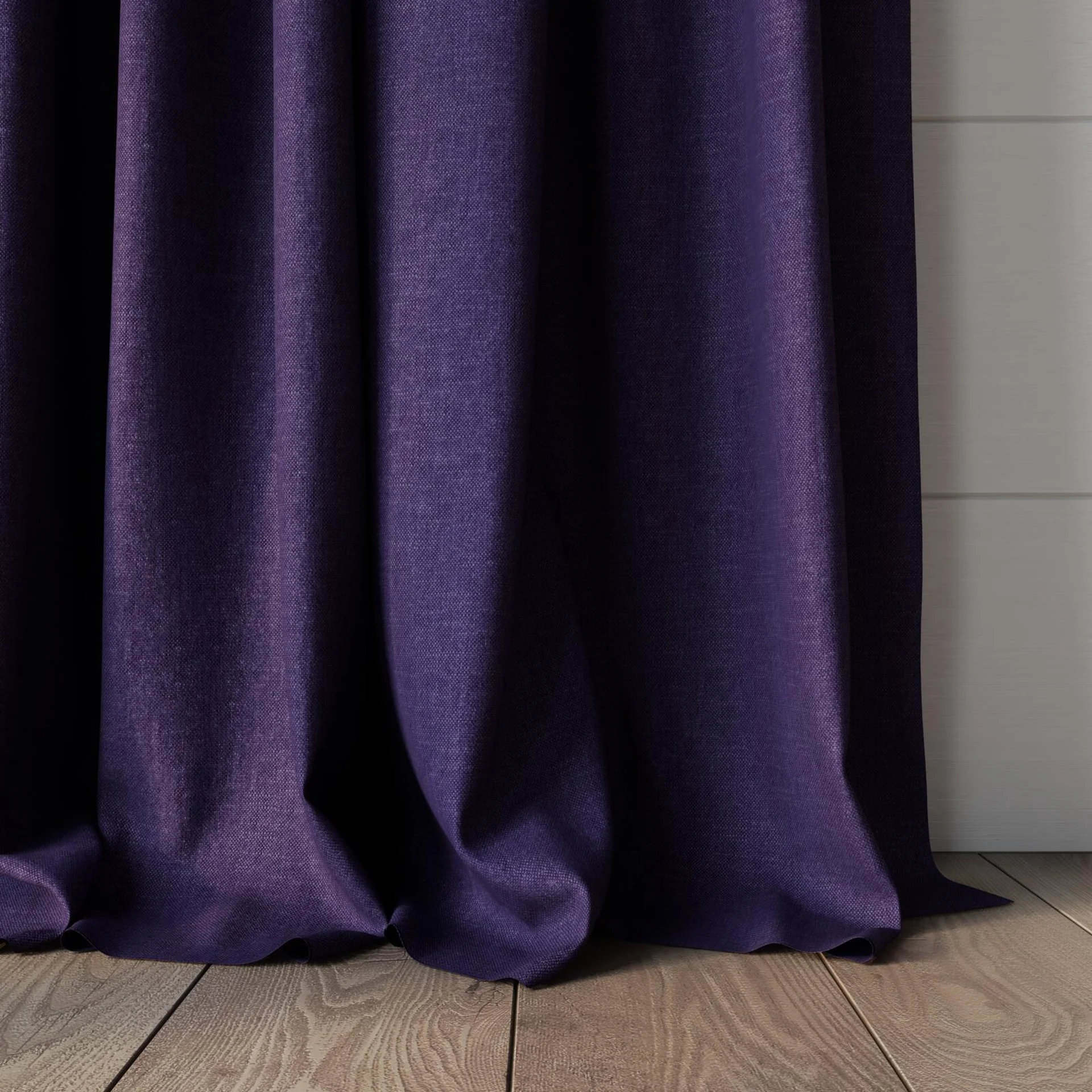 Bottom view of Rover Violet, puddled, on curtain rod